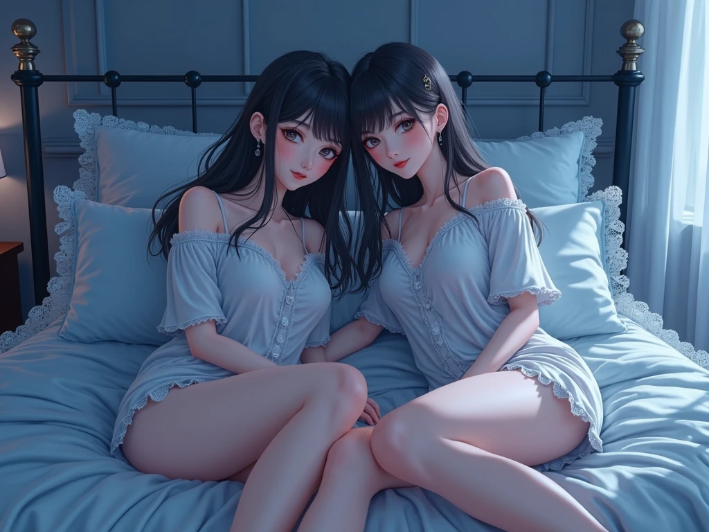 two girl making love,(bright lighting,romantic setting),dreamy background,bondage,dark hair, mesmerizing gaze, , soft skin, alluring beauty, artistic portrait, high-quality image, vibrant colors, long silk gown, in the bed, mosquito net