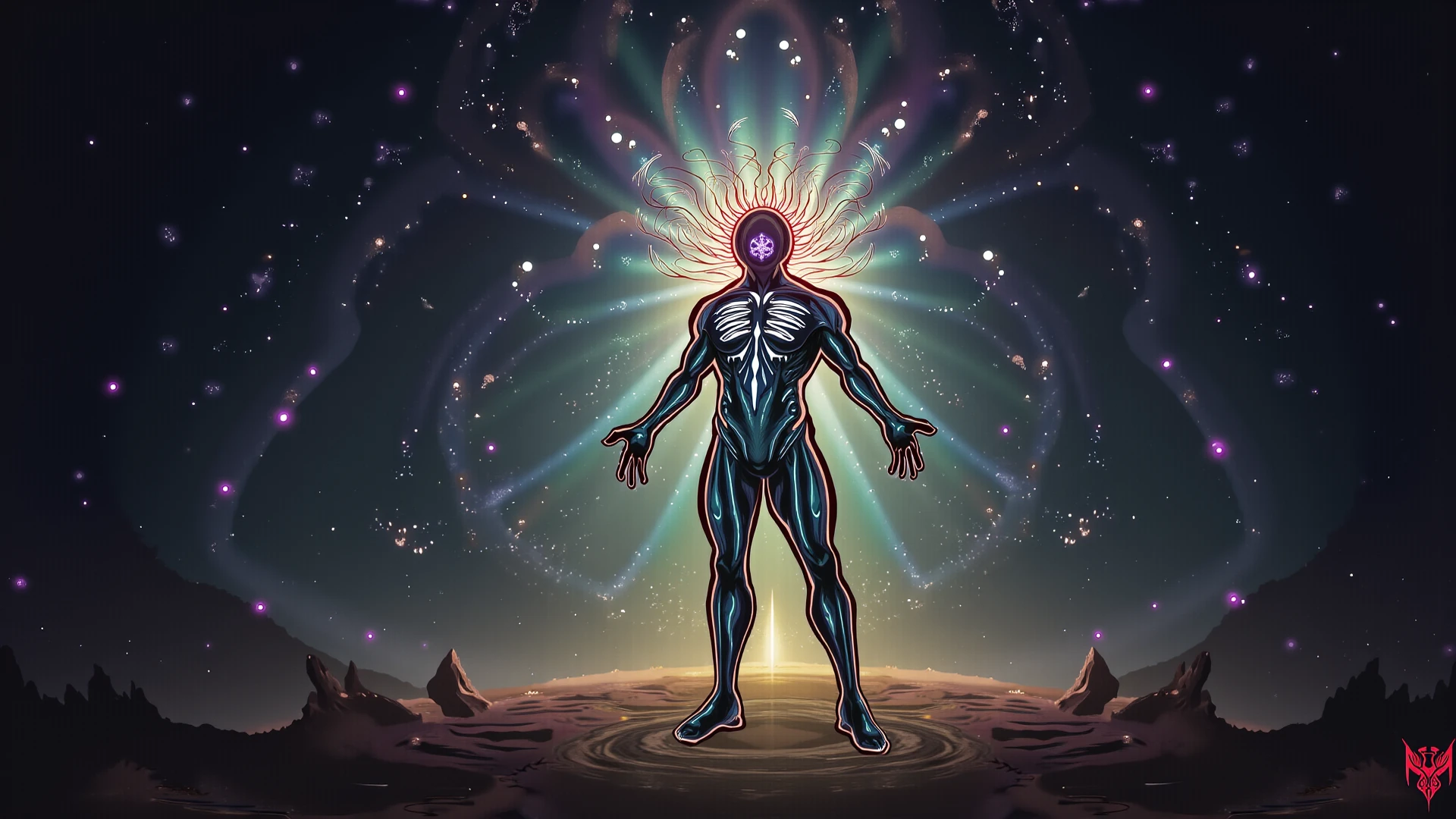 ((master)), ((best quality)), super fine CG unity 8k wallpaper, incredibly beautiful illustrations, floating, high resolution, dynamic, stellar space, giant white glowing stars, huge black hole in background, horror art, fear, best quality, masterpiece, super high resolution, surrealism, cinematic lighting, chiaroscuro, god ray, pov, sony fe gm, f/1.2, uhd, retina, masterpiece, ccurate, Super Detail, High Detail, High Quality, Award-Awarded, Best Quality, High Resolution, 16k, 16k, A god forged by cosmic starlight, body blending with the universe, terrible horn-like head (openwork, bones, detail, bleeding, in space), sturdy skeletal body (partially covered with muscle fibers), mutilated left arm (revealing broken bones), bleeding nonstop (cosmic starry blood)