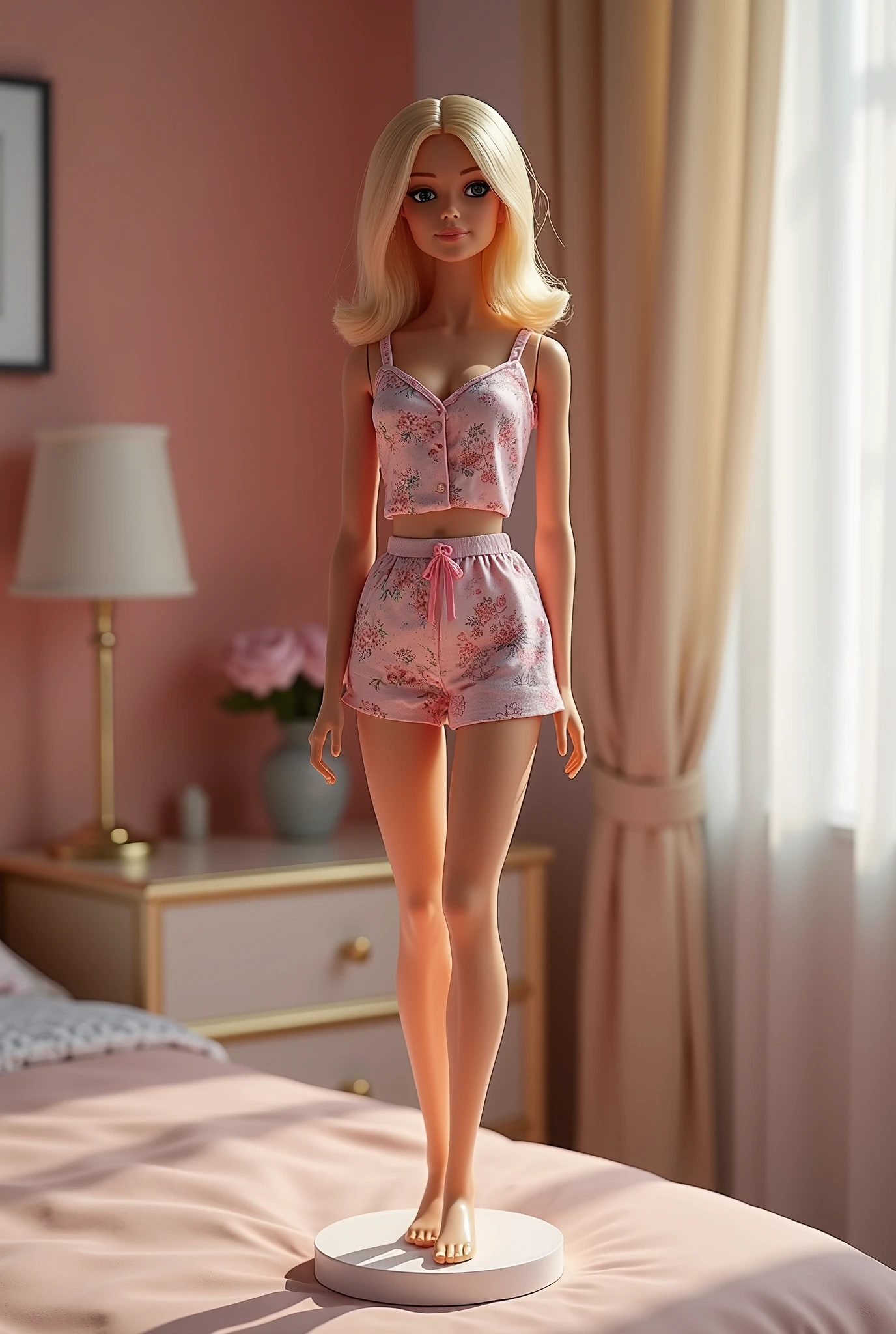 A hyper-realistic professional figure photography scene featuring an adult-style Barbie doll with semi-long blonde hair, standing elegantly on a smooth display base placed on a bedroom vanity. She is dressed in cute, floral-patterned pajamas, posed with refined balance and detail. The scene is lit with soft, controlled lighting to enhance the textures and materials, evoking the polished aesthetic of high-end collectible figure showcases.
