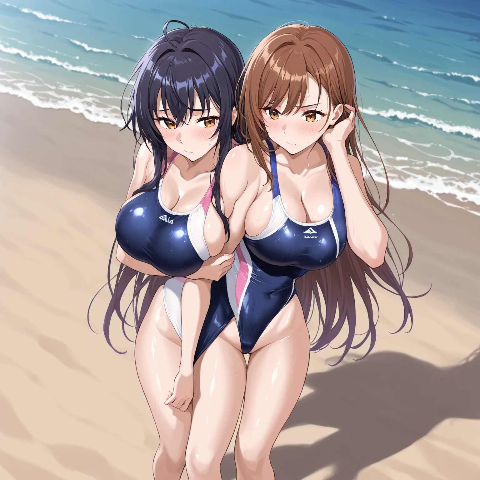 32k, best quality, ultra high res, HDR, UHD, extremely detailed CG, unity 32k wallpaper, very cute, 16-year-old girls, 3 person, Purple eyes, ((black competitive swimsuit)), Beach, black long hair, (large breasts), (Laugh shyly), ((Lie down on a picnic sheet)), (((Spread your legs wide))),