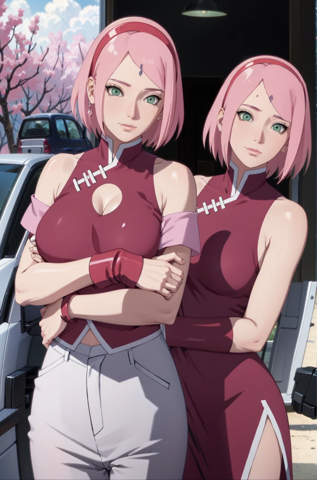 1girl, (solo:1.2), curvy, (masterpiece:1.2), (best quality:1.2), (perfect anatomy:1.4), (perfect female anatomy:1.2), (confident:1.2),
xxnikichenxx, pinup, shiny skin, (large breasts:1.2), sakura haruno, (green eyes:1.5), hairband, short hair, pink hair, SakuraNS, bare shoulders, black gloves, forehead protector, gloves, konohagakure symbol, ninja, (red shirt:1.5), shirt, sleeveless, sleeveless shirt, (living room scenery:1.4), inside, (comfy sofa:1.3)