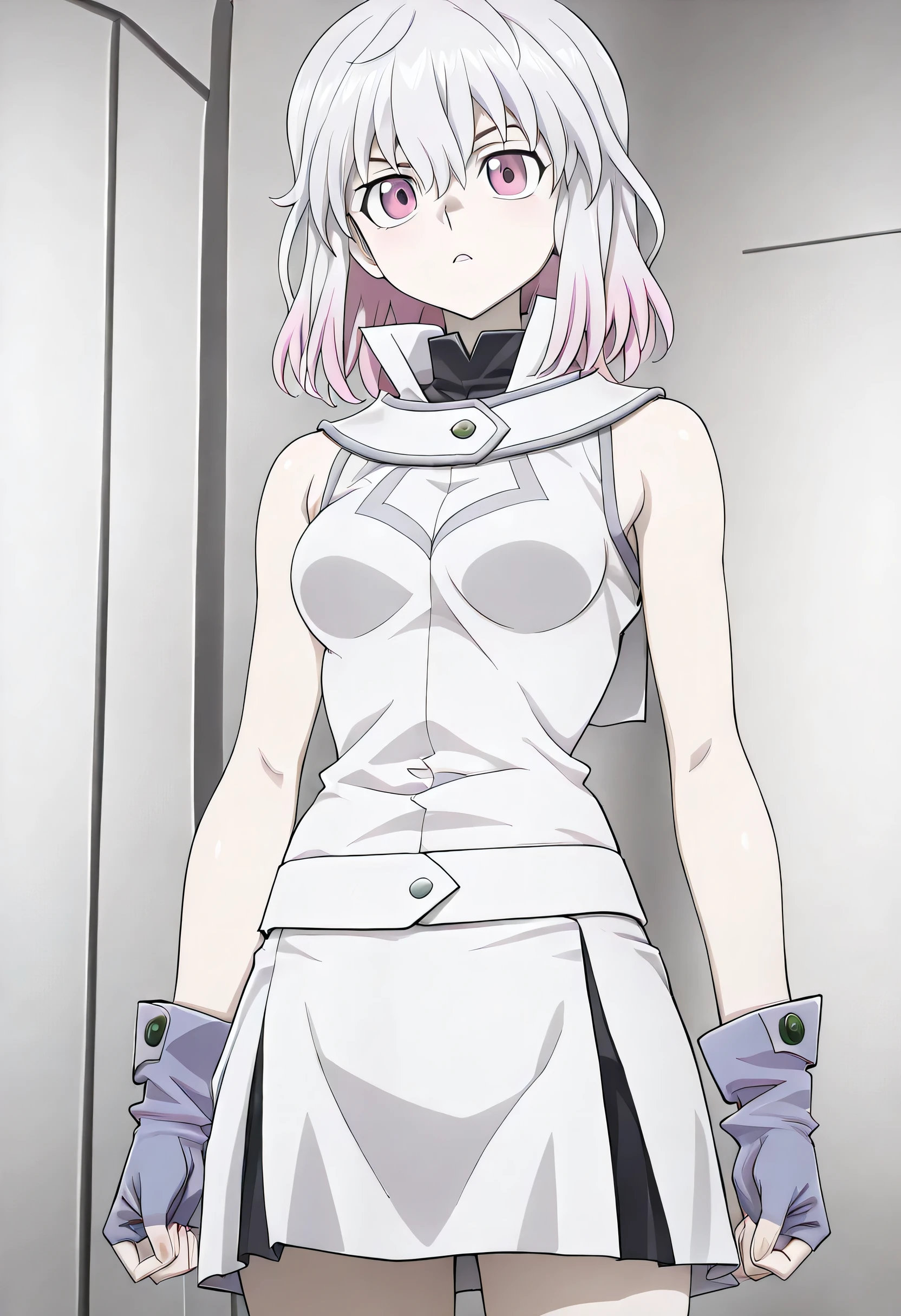 (((Masterpiece))), (((Best Quality))), ((Super Detail)), ultra-High resolution, score_9,score_8_up,score_7_up,score_6_up,score_5_up,score_4_up, BREAK, source_anime, anime screencap, uncensored, rating_explicit, Masterpiece, (absurdres), (detailed background), (very aesthetic), detailed beautiful eyes, outstanding, an exquisite animation illustration, curvy, highres, dark persona, Society of light, sleeveless, white shirt, white skirt, blue gloves, duel academy uniform (yu-gi-oh! gx), , (((solo, 1girl))), hair ornament, submissive pose,  pose, anime style, anime coloring, animification, megami magazine,  pose, , small , kurabe kikka, white hair, pink hair, multicolored hair, medium hair, pink eyes,