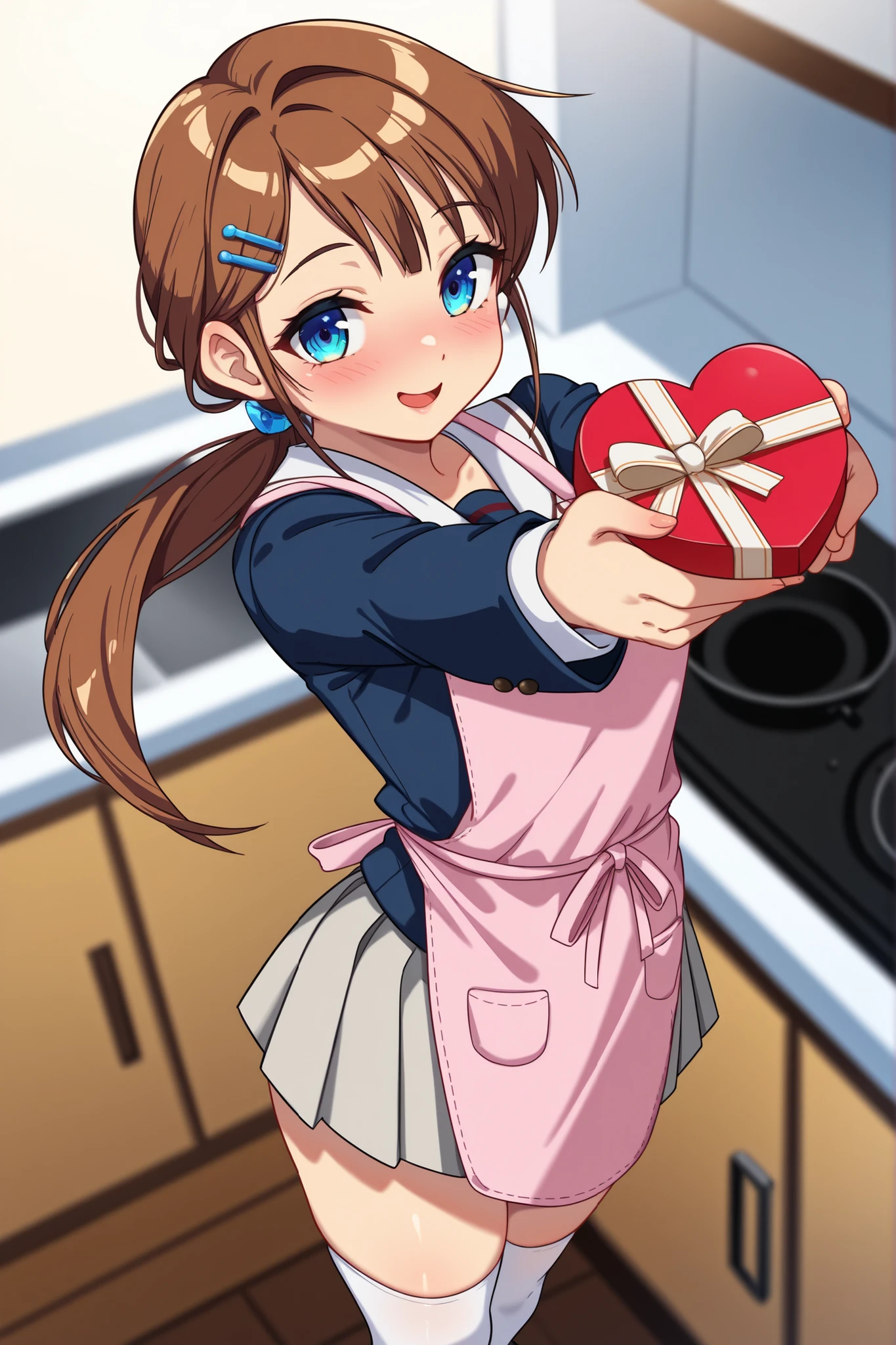a high-quality digital drawing, clean and sharp details, anatomically correct, ((vibrant colors)), 1girl, ((cinematic lighting)), (masterpiece), (8k quality), (top rated on pixiv), (cutiepie), sfw, (moe), (open mouth),

break,
((short round face)), ((large, detailed and virant blue eyes)), naturally curved eyelashes, small and subtly defined nose, ((slim build)), (fair skin),

break,
((long brown hair)), (low ponytail), (natural waves), smooth bangs, (blue hairpin),

break,
((outfit: japanese middle school winter uniform)), ((gray pleated skirt)), (long pink apron), (white thigh-high socks), ((chest 24 inches)), ((waist 19 inches)), ((hips 22 inches)),

break,
((dynamic pose)), ((blush)), ((adorable smile)), ((giving wrapped valentine day chocolate)), ((heart shaped)) ((stockpot pan in the background)), ((detailed japanese kitchen)), (depth of field), ((from above))