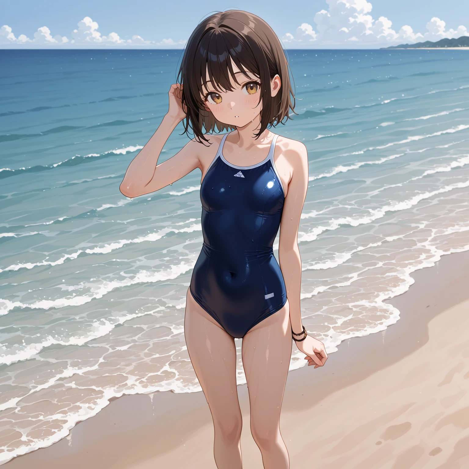 ((4K, 8k, Highest quality, Perfect Fingers:1.3, Perfect Anatomy:1.3, Blur the background)), 1 person, ((Small breasts, Cute droopy eyes, short hair, Brown Hair,)), Laughter, (Trichrome, One piece swimsuit), An angle that captures the whole body, White sand beach, smile, Open Mouth,