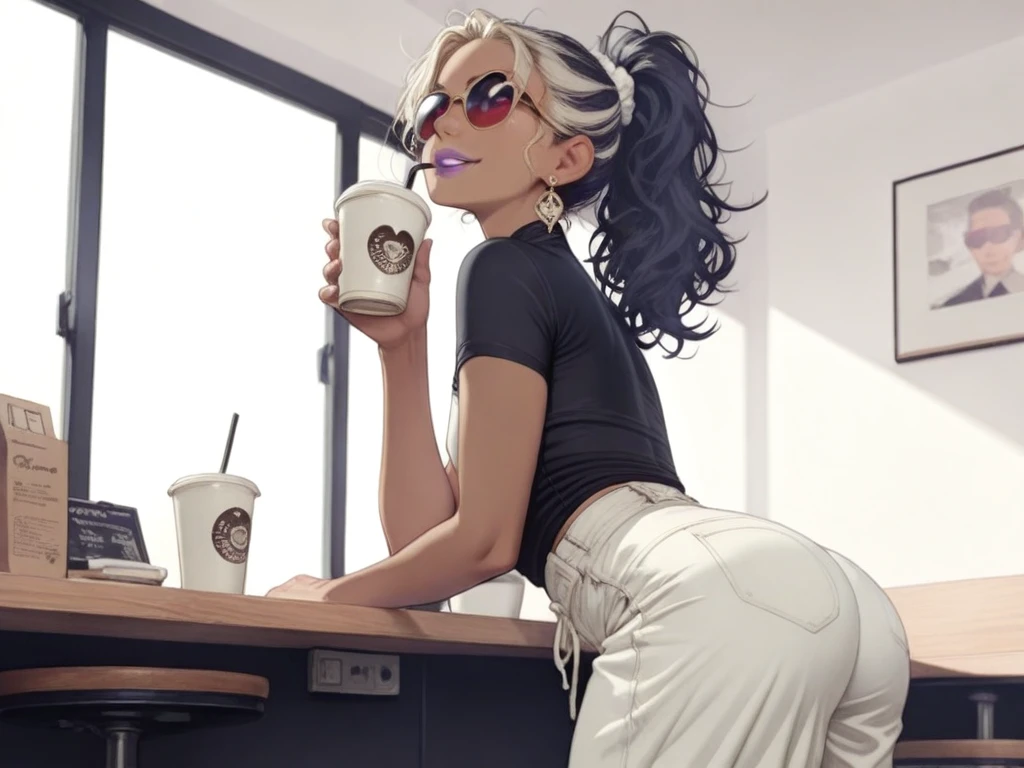 A feminine looking man, femboy, rainbow hair, disordered, hair over eyes, black painted lips, happy, slim and feminine body, thick thighs, flat chest, her butt is very big, tanned skin, very small purple jacket, fitted white top, mini skirt, long rainbow tights, heels, in a coffee shop, offering cake to the viewer, sunset, lus of the sun, Sun reflection, front view, 