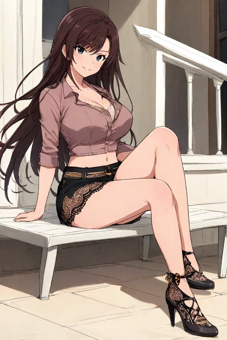 A beautiful woman similar to Chinatsuki Wakatsuki、8k、32k、Very delicate face, Skin and Hair、White blouse with tight skirt、Full Body Shot、Muscular legs、necklace、Great style、Semi-long hair、Brown hair almost black、Cute Smile、In the background is a daytime park、Sit on a bench、(Spread your legs wide)、Beautiful woman、((Wearing a black leather skirt))、((Wearing black high heels))、((A glimpse of her shiny black panties))、