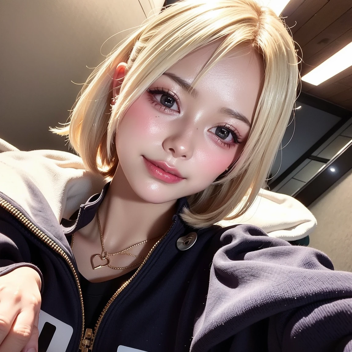A girl with white skin and short hair。She has blonde hair, big dark eyes, wears summer clothing, and has an elegant and sophisticated touch that matches her mysterious and strong personality.. whole, Her appearance will be impressive, Attracts curious and inquisitive gazes. Cinema Lighting, chromatic aberration, Backlight, Selfie style,masterpiece, Attention to detail, high quality, 4K.