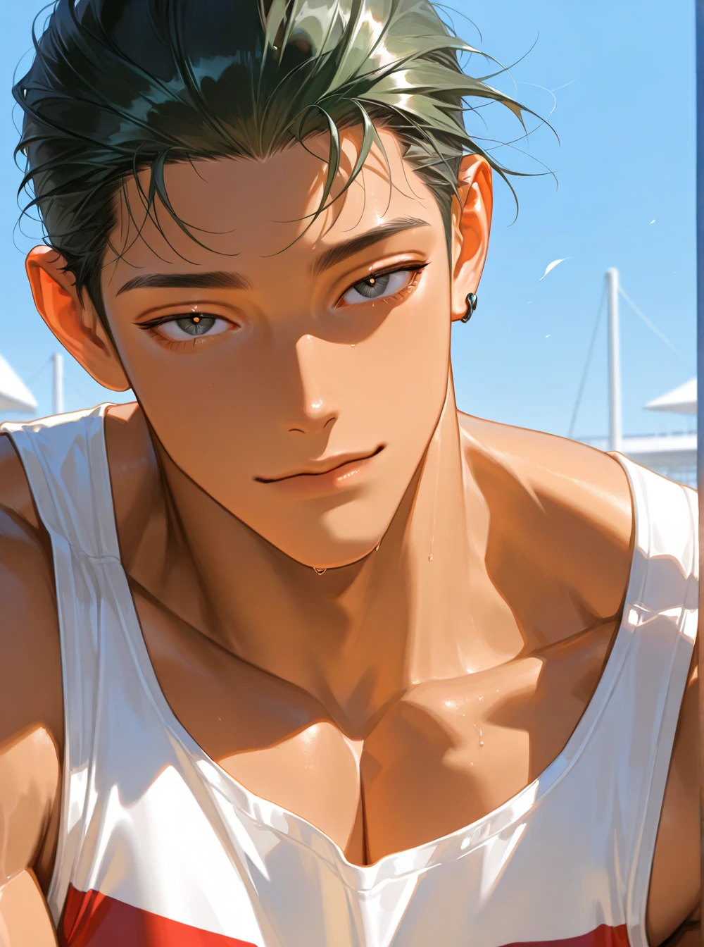 masterpiece, best quality, high resolution, closeup portrait, male focus, solo focus, a man, with sailor clothes, bare chest, sailor hat, in the background a boat, amazing composition, front view, HDR, volumetric lighting, ultra quality, elegant, highly detailed