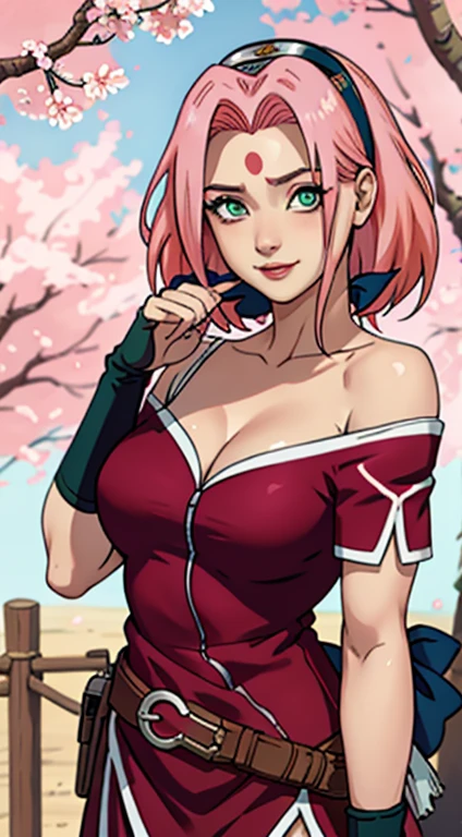 tmasterpiece, Best quality at best, 1girll, Sakura Haruno, Large breasts,Off-the-shoulder attire,(cleavage),(upperbody closeup),Raised sexy,is shy,ssmile,with pink hair, long whitr hair, (Green eyeballs:1.4), Forehead protection, the cherry trees,Cherry blossoms flying,Red clothes,Zipper half