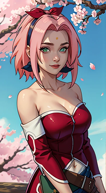 tmasterpiece, Best quality at best, 1girll, Sakura Haruno, Large ,Off-the-shoulder attire,(cleavage),(upperbody closeup),Raised sexy,is shy,ssmile,with pink hair, long whitr hair, (Green eyeballs:1.4), Forehead protection, the cherry trees,Cherry blossoms flying,Red clothes,Zipper half