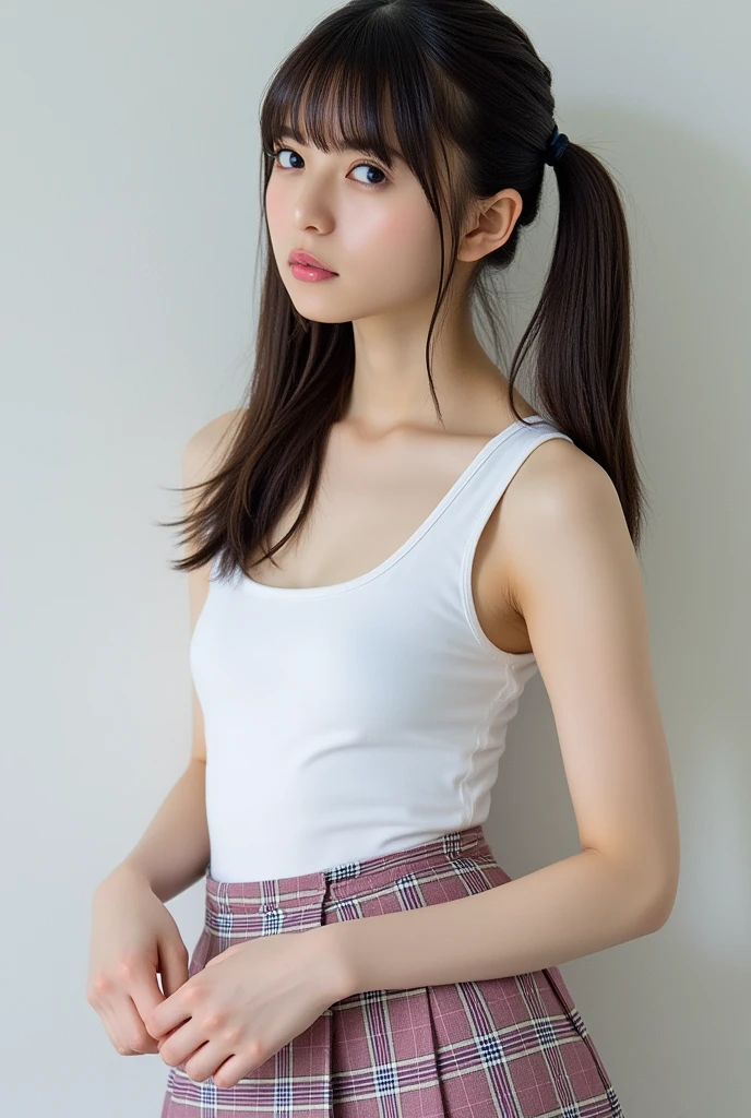 Anime girl in a fluffy short skirt without yellow hair with pigtails on both sides.