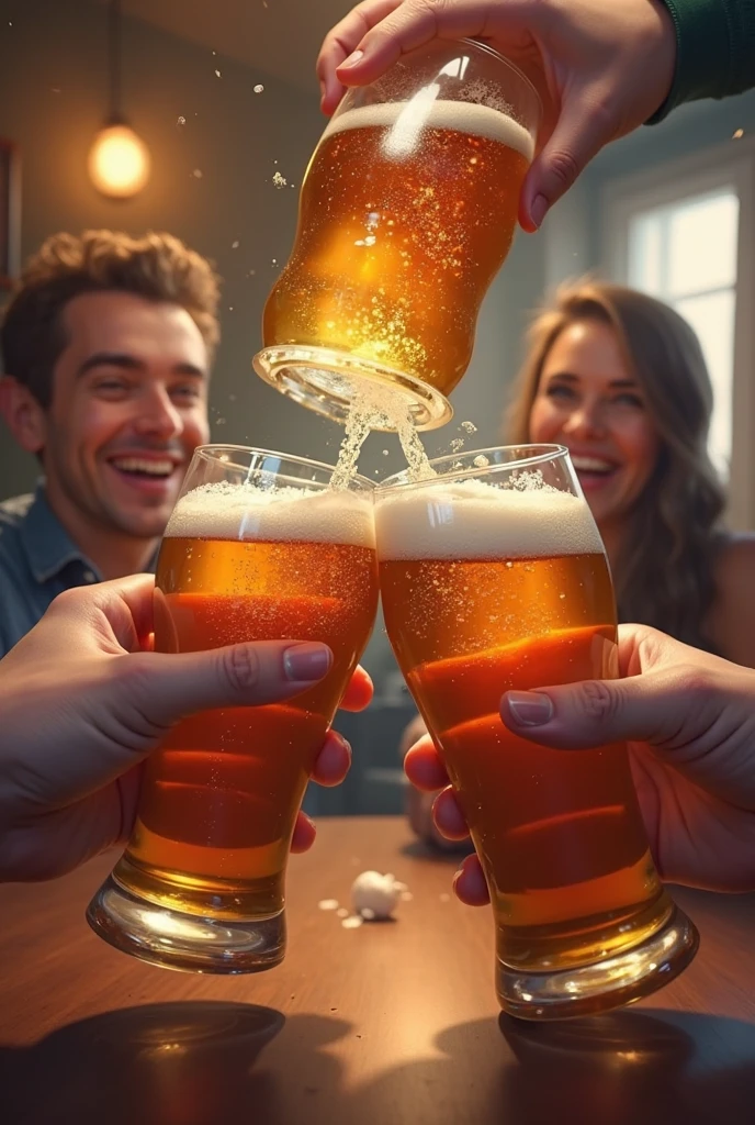 {
  "prompt": "Two frosty beer glasses clinking together in a celebratory toast. The scene captures the moment of contact between the glasses, with condensation and droplets of water on the glasses to emphasize the coldness of the beer. The background is a cozy pub setting with
