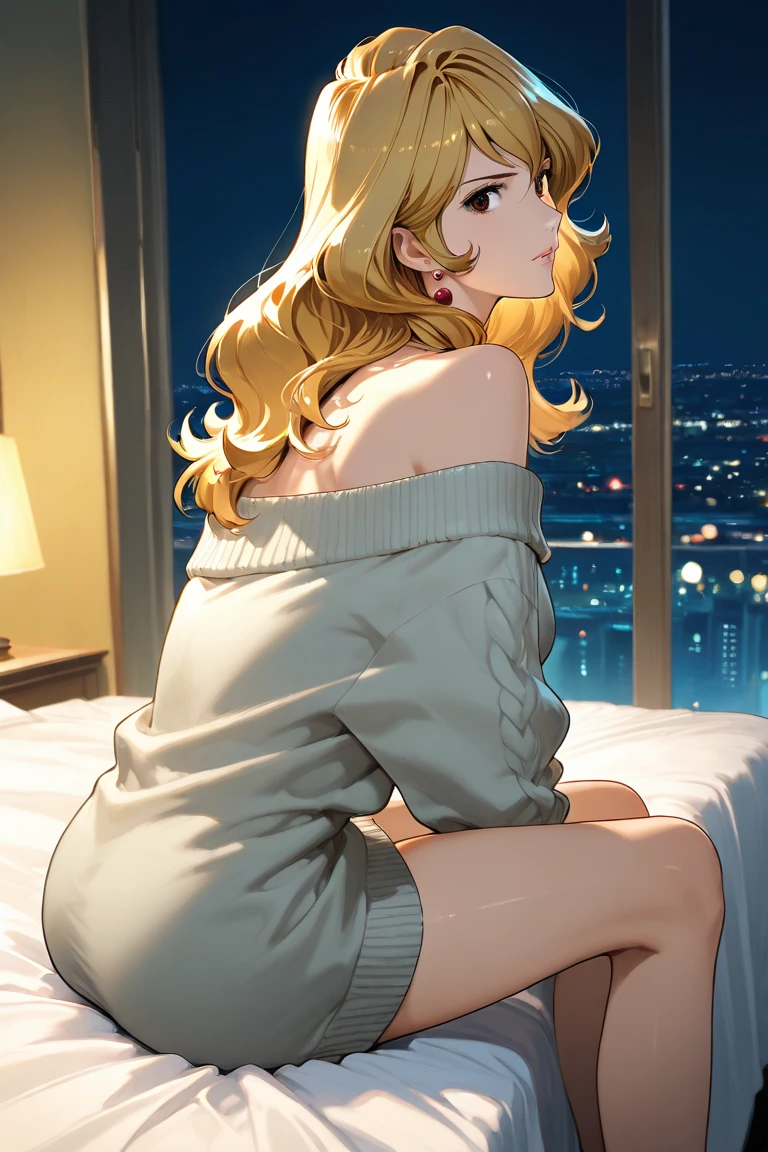 highres, 4k, best quality, masterpiece, shiny skin, nsfw, woman, thick thighs, laying down, big sized breasts, wearing tight pyjamas, a woman inside a room with an arafed view of a city from a bedroom with a bed and a window, rooftop romantic, rainy evening, cozy atmospheric, rainy afternoon, cozy room, cozy place, rainy night, romantic atmosphere, cozy setting, rainy city at night, city at night in the rain, romantic ambiente, dreamy and romantic, new york city