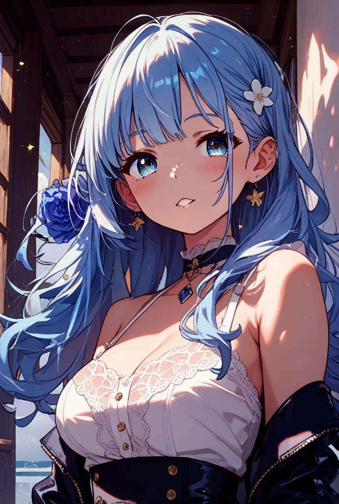 Character Details:, - Gender: 1 Girl. - Style: Anime, - Body Type: Attractive body, slim body, nice legs, slim tights, wet tights, nice arms, nice shoulders. - Breast: (Small Breast:1.2), (Cleavage:1.1), (Nipple:1.1), ((milk liquid on body)),. - Facial Feature: Beautiful, Gorgeous, Teenager, Fresh, Young. - Expression: Shy, Pink Blush on Face, Pink Tongue, Sexy Eyes, Sexy Look, (Sweating:1.4), Innocent Look, Tipsy. - Hairstyle: Blunt Bangs, Long Hair. - Hair Color: (Light Blue Hair:1.5), (Messy long Hair:1.3), - Clothing: (Yukata:1.4), (Off-Shoulder:1.3),. - Body Pose: (bend over:1.4), (Hands on Knee:1.4),. - Behaviour: Waiting, Want Something, Secretly. - Accessories: Earrings, No Hair Accessories, Environmental Details:, - Setting: Bed Room., - Lighting: Natural Light., - Decoration: Modern Bed, Chair, Window, White Curtain, City View. Top view. pov, anime style, UHD, retina, masterpiece, accurate, anatomically correct, textured skin.