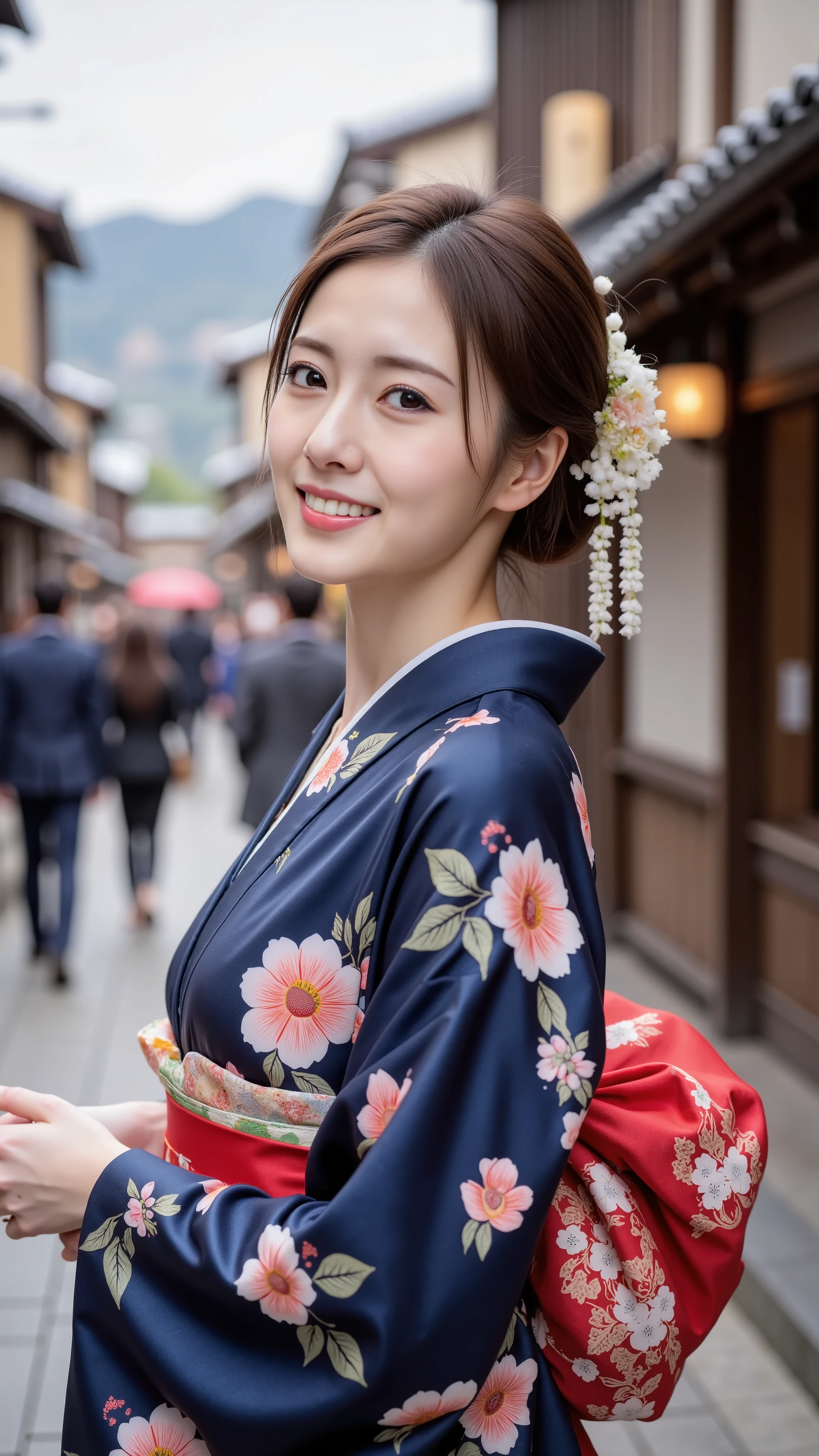 ((Top quality)), ((masterpiece)), ( details), Japanese girl full body high definition image, 顔のdetails, smiling, very beautiful kimono , woman in dark blue and floral kimono。Kyoto Gion cityscape background。