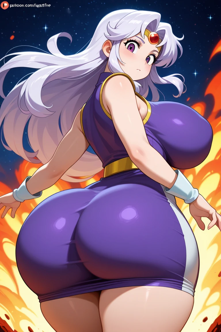 Cartoon poster depicting an anime woman with big breasts, Grande, Fat belly and small breasts, 1 chica, solamente, piel oscura, english text, viejo, hembra de piel oscura, Al aire libre, muslos gruesos, , cabello largo, ombligo, Mano en la cadera, sombra de ojos