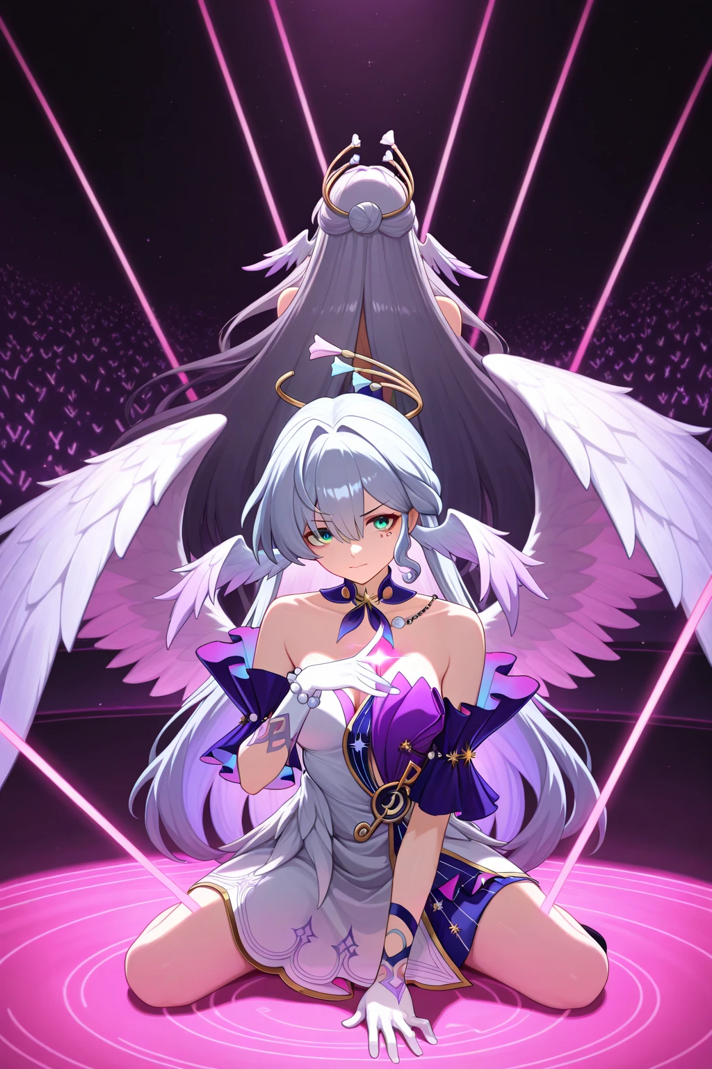 a robotic angel (Based on a lovely woman, sheer white airy gown, obvious mechanical sections and joints, neon high lights and indicator lights, angel wings with rainbow colored feathers) is posing on a futuristic stage, the phone number to order her is printed along the bottom f the screen (show her from head to toe, show her entire body, show all of her)