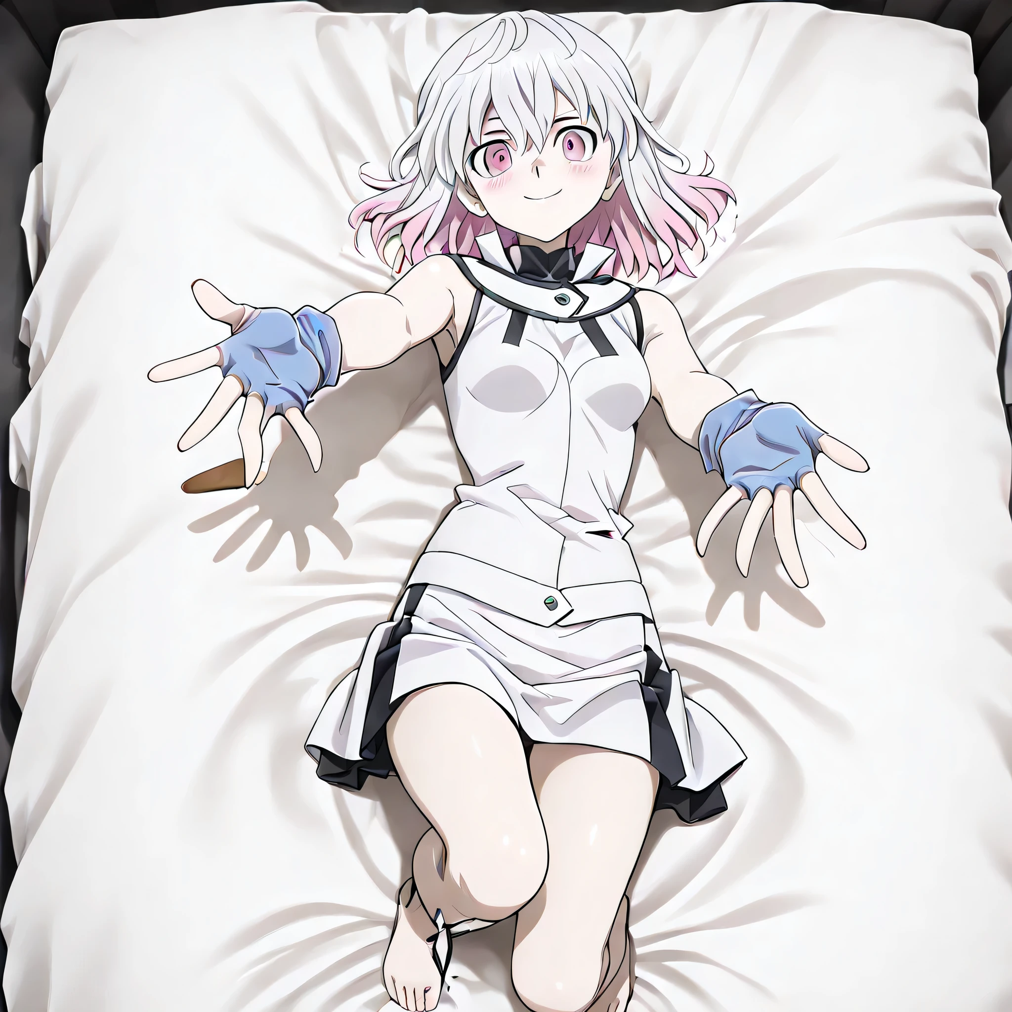 (((Masterpiece))), (((Best Quality))), ((Super Detail)), ultra-High resolution, score_9,score_8_up,score_7_up,score_6_up,score_5_up,score_4_up, BREAK, source_anime, anime screencap, uncensored, rating_explicit, Masterpiece, (absurdres), (detailed background), (very aesthetic), detailed beautiful eyes, outstanding, an exquisite animation illustration, curvy, highres, dark persona, Society of light, sleeveless, white shirt, white skirt, blue gloves, duel academy uniform (yu-gi-oh! gx), , (((solo, 1girl))), hair ornament, submissive pose,  pose, anime style, anime coloring, animification, megami magazine,  pose, , small , kurabe kikka, white hair, pink hair, multicolored hair, medium hair, pink eyes, bed sheet, on back, from above, lying, reaching towards viewer, looking at viewer, blush, smile, full body
