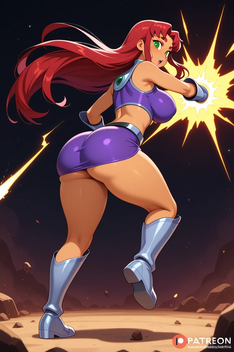 ass, pawgfc from behind,, 1girl, cleavage, fantasy, vivid colorful hair, bodybuilder, choker, bounty hunter outfit, muscle, bokeh background, fair skin with cool undertones, moon, subject for emphasis, breasts, soft lighting, perfect face, detailed eyes, button nose, galaxy, space, scifi, ice, snow, lens flare, dramatic lighting, dramatic colors, masterpiece, cosplay, realistic, (crowd:1.1)