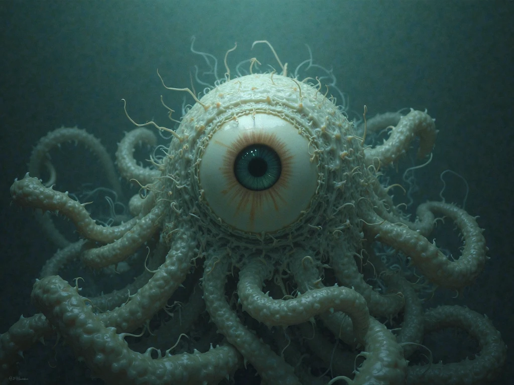 there is a jelly like object with a gold eye on it, a surrealist sculpture inspired by Guillermo del Toro, trending on cgsociety, surrealism, cyberpunk jellyfish, pov camera looking into the maw, lovecraftian sea creature, portrait of a mystical giant eye, giant eyeball, eyeball, big eye, eyes growing on creature, jellyfish phoenix head