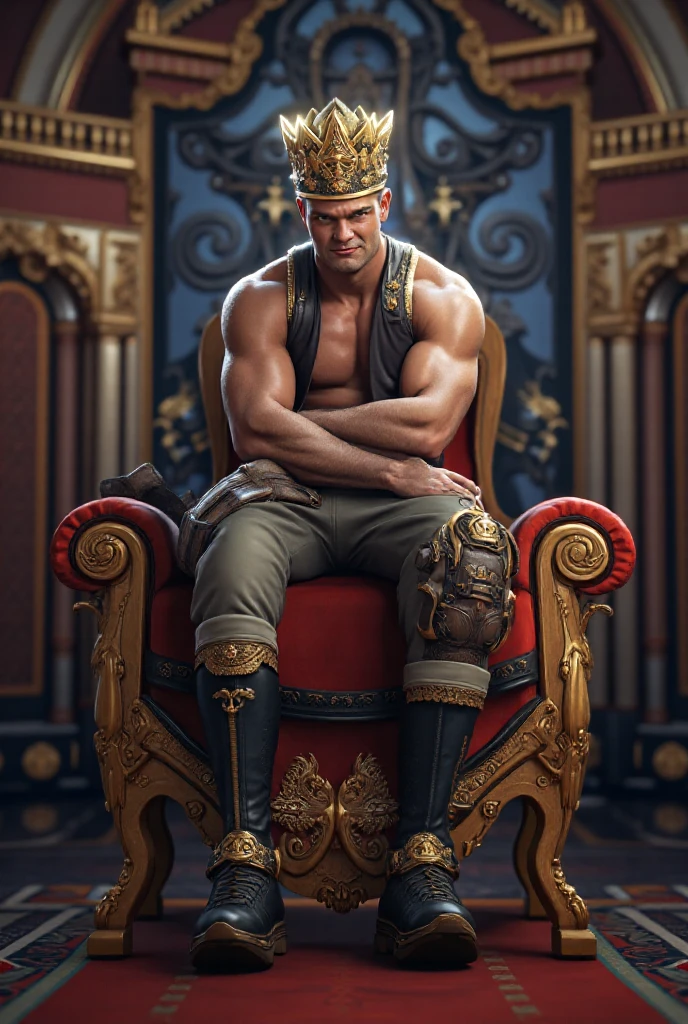 ((masterpiece)), ((Best Quality:1.2)), High resolution, 8k, (ultra_realist:1.3), (photorealist:1.4), cinematographic, dynamic lighting, (detailed background), depth of field, Intricate, 8k, detailed skin, (large pectorals:1), pectorals, ABS, Photo of a handsome man, sexy royalty, corona, jewelry, collar, layer, bracelet, bracelet, RING, short hair, Sitting on the throne, medieval castle inside,  
