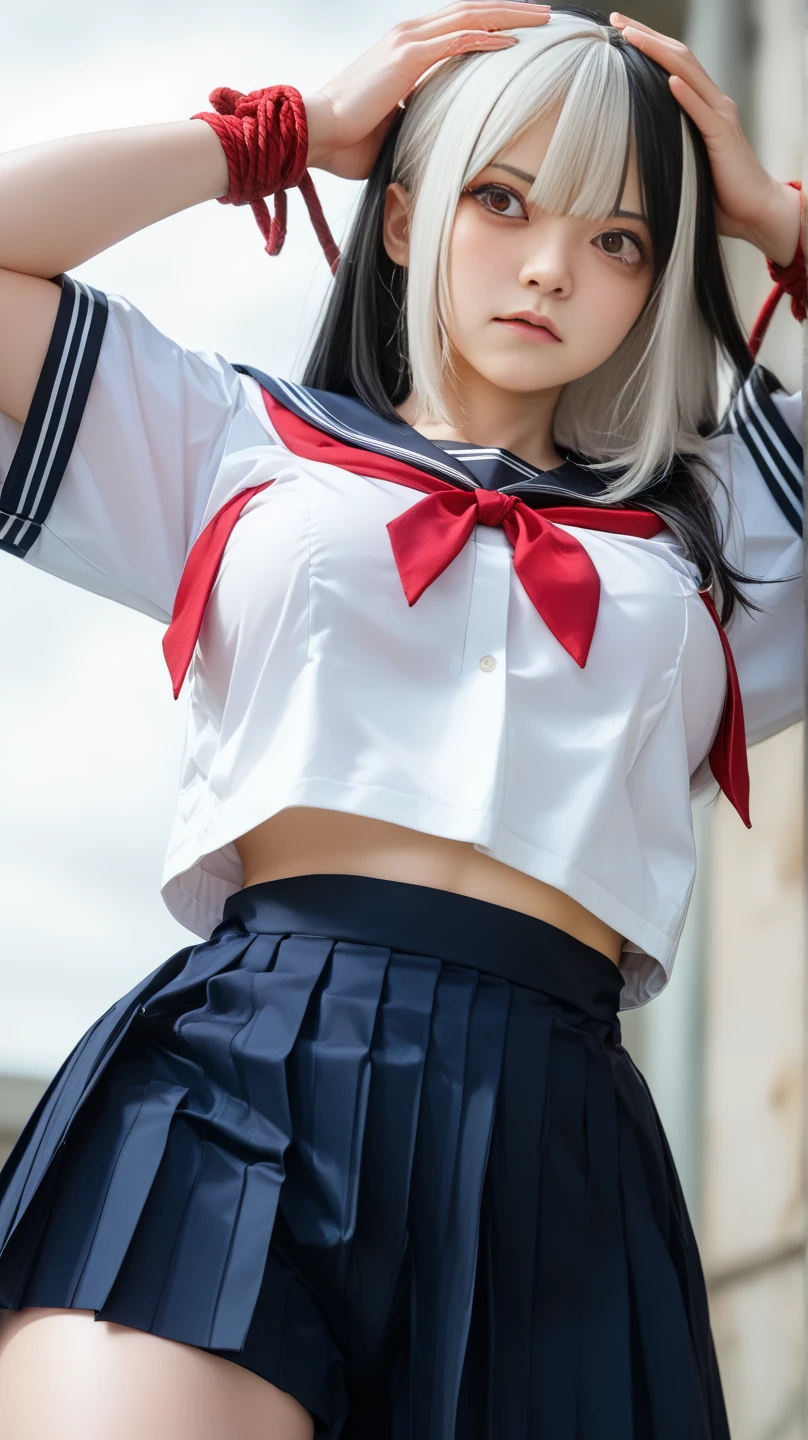 Browsing Caution:0.8、hairstyle with blunt bangasterpiece、highest quality、In 8K、32k、masterpiece、Hmph、超A high resolution、Impressionism、Photorealistic:1.2)、Cowboy Shot、Sharp focus、Detailed face and eyes、Beautiful Face、Blurred Background、Blue sky、Glowing Skin、Sharp pupils、Realistic students、Beautiful Face、Blurred Background、18 year old beautiful girl、Glowing Skin、(((Bowl Cut Hair)))、(((beautiful white hair)))、Iris、(Long sleeve sailor suit、Dark blue pleated skirt)、(Roll up your skirt、White panties are visible:1.45)、Thighs Thighs Thighs Thighs、curve、Dynamic pose、Powerful composition、Have a sportback、((Laughter))、sweating、((Pink Hair))、((Lace Sexy Panties))、Source Order、Low Nose、(Small Mouth)、((tie))、(((Detailed panties)))