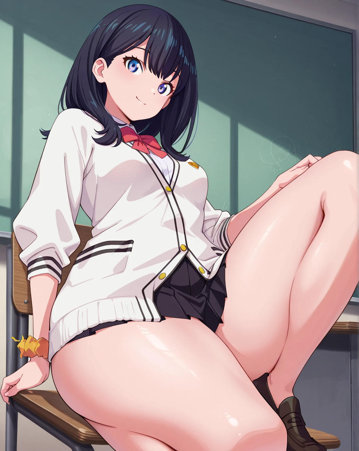 masterpiece, best quality, high quality, beautiful anime character, solo, anime girl with dark blue hair, messy hair, medium length hair, (huge long ponytail, ponytail), blue eyes, elf ears, slightly big breasts, mature female, tall female, big girl, thick, (shy, calming face, blush, light smile, loving eyes), outdoors, ((sailor uniform, ribbon, short pleated skirt)), showing rear, slim thick, short medium hair, short sleeves, round glasses, legs, navel, (from below view, from below, panties peeking, white panties)