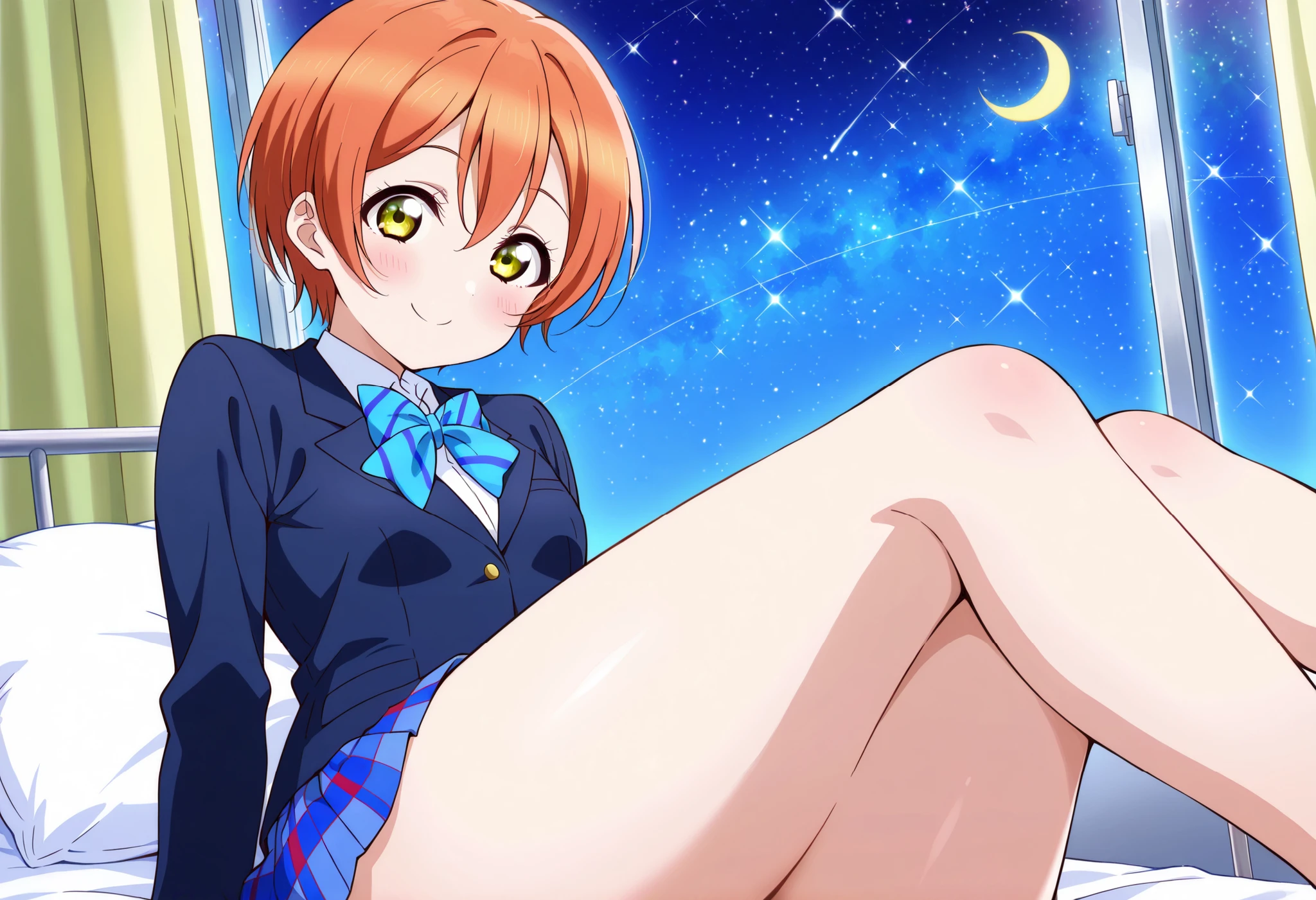 1girl, hoshizora rin, striped, short hair, blush, otonokizaka school uniform, lovelive_rin black blazer, blue plaid skirt, blue stripe bowtie, orange hair, very short hair, hair between eyes, yellow green eyes,smile,thick thighs,crescent moon, stars (sky),looking at viewer,Infirmary,bed,