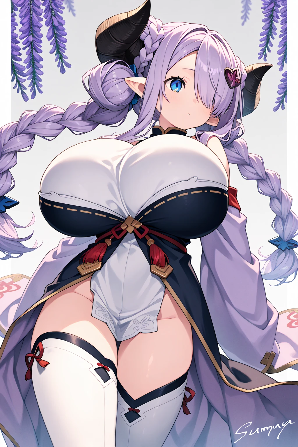 a big sister,(非常plump butt:1.5),(((huge breasts:5.0))),big breasts,extra large胸,plump butt,Perfect body,white长发,white长发,long light purple hair,dark purple eyes,Demon's horns,high detail,high quality,(White suspender bra:3.2),white,(white lace: 3.7),Tight,(white薄纱:2.0),(Show belly:1.8),Smile,extra large,delicate finger