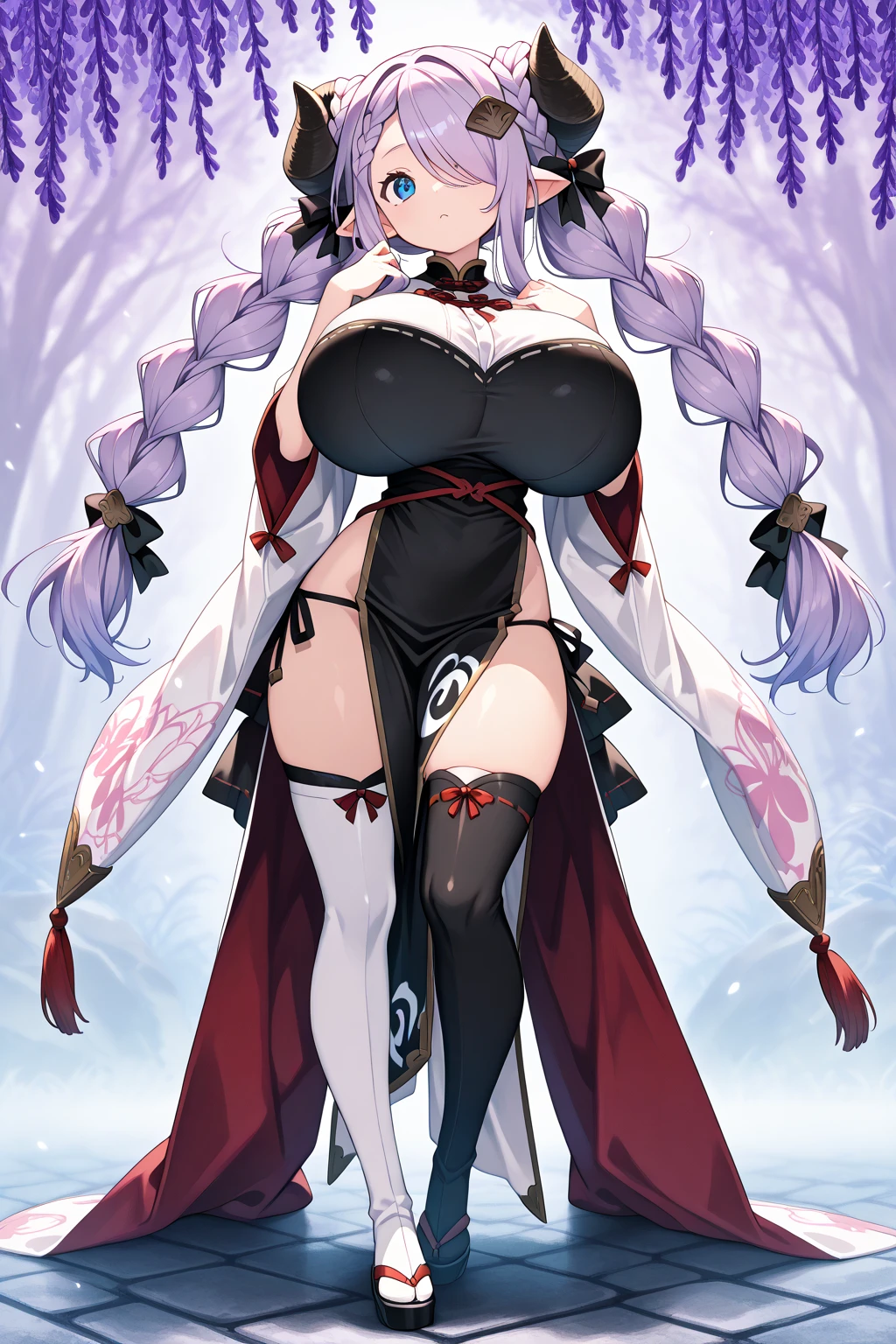Sfw,1girl and 1white fox,beautiful illustration ,(heterochromia,purple eye,yellow eye),(big breasts),beautiful face,deep blue long hair, shrine maiden outfit,red skirt,mysterious mood,in the night,moolight,best quality, high quality, masterpiece, HD,4K,8K 