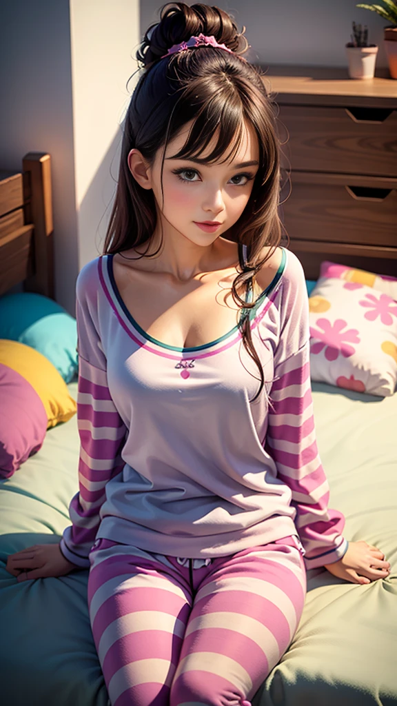 ((girl with brown hair, long straight brown hair, with light green eyes, fair skin, very shy, very blushing, very blushing,with a pink shirt with a teddy print, a long pink skirt, with big breasts, with big legs, with big hips,in the room, from the front, with realistic details, realism, UHD, vivid colors, colorful, amazing details,))
