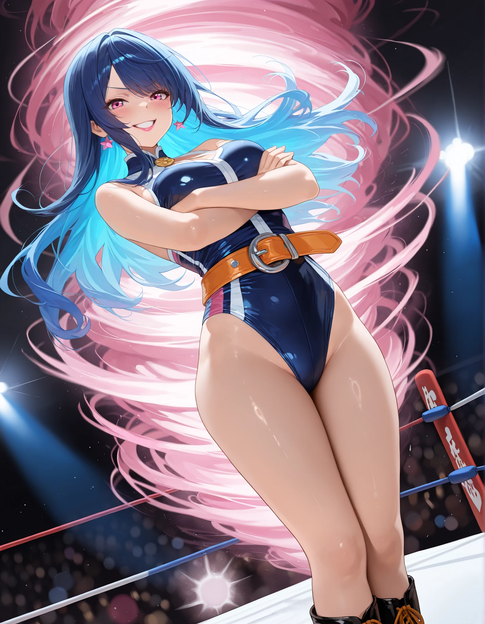 (Absurdres, best high quality, best detailed with gigh quality and very detailed features and textures alone solo character)
{{(20 years old blue-cobalt-blue-haired elf girl: (pale skin, hair tied in two pigtails, heterochromatic eyes, very thin lips, nice body, big breasts, beautiful arms, beautiful legs, big butt, happy face, open smile, lovely, cheerful adventurer, happy, combat pose), (yellow and white one-piece wrestling leotard, yellow wrestler knee-pads, yellow wrestler elbow-pads, white wrestling boots), (afternoon day, wrestling gym)}}