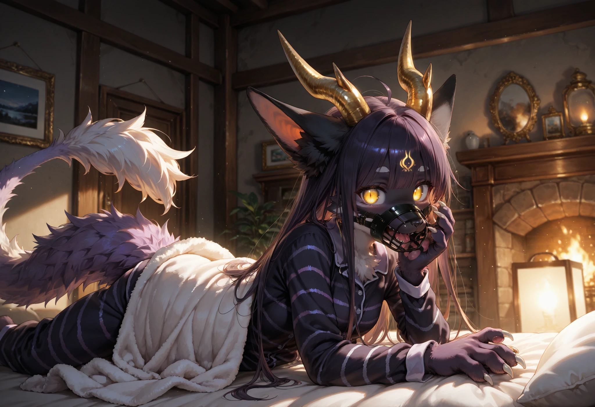 alone, score_9,score_8_up,score_7_up, anthro, female, Eothos, looking at viewer, fluffy fur, furred dragon, golden mark on forehead, front half of body black with golden stripes, black muzzle, black long black ears, long straight golden horns, golden glowing eyes without pupils, two purple stripes under eyes, golden eyebrows, long white claws on paws, long purple tail with white stripes, white tassel at end of tail,seductive, fluffy, fluffy fur, pajamas, covered with a blanket with his head, detailed background