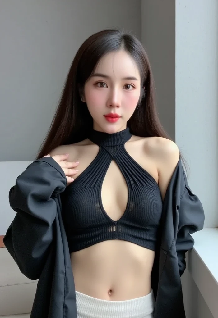 (Highly detailed body,Highly detailed face,Best Quality:1.2) ,woman,fold your hands behind your back,View Lens(Wide bandeau top,Black JK Pleated Skirt,Open belly button) Background Room 1.4
