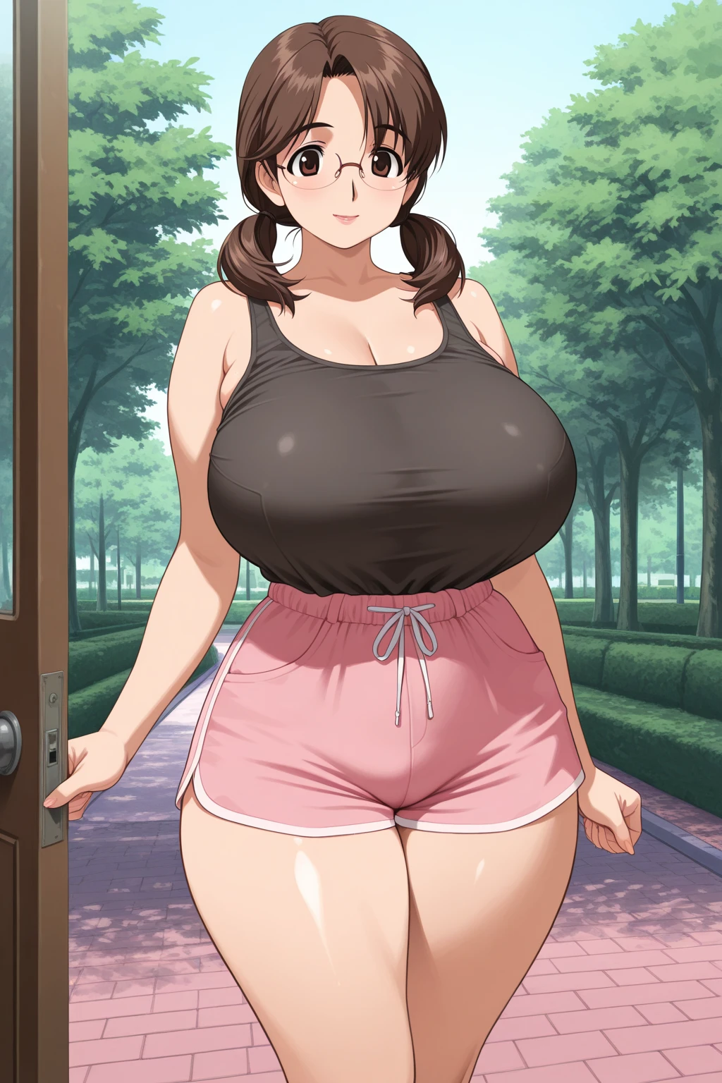 ((((kipteitei art)))), ((highres)),Masterpiece, high quality, best quality, beautiful, perfect lighting, detailed face, ultra cute face, ((1girl)), ((solo)), (((chizuru))), pink shirt, frilled shirt, ((white skirt)), glasses, looking at viewer, cute smile, sweet, standing, hands clasped, cute pose, cowboy shot, city park, daytime, trees, lampposts, benches, medium breasts, perky breasts, (wide hips), (thick thighs), thicc, chubby,