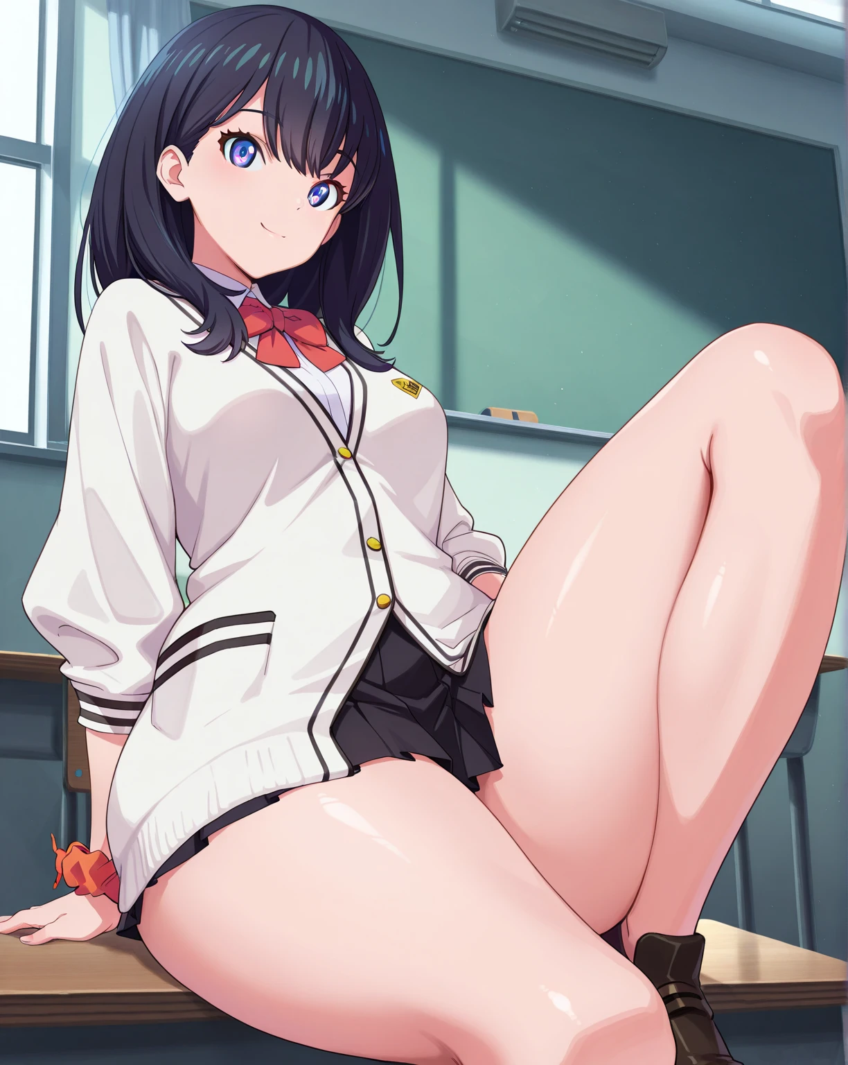 masterpiece, highest quality, High resolution, Venus 1, 1 girl, masterpiece, highest quality, High resolution, 1 girl, It's a good body, rikka takarada, black hair, blue eyes, long hair, orange scrunchie, black footwear, black skirt, button, cardigan, collared shirt, long sleeve, microskirt, pleated skirt, r, shirt, shoes, skirt, thighs, (white cardigan:1.5), white shirt, Bedroom, On the bed, bed, bed, bedroom, spread your legs, panty shot, wedgie in underwear, (from below:1.5), Panty shot, realistic skin, shiny skin, shiny skin, sweaty feet, Skirt raised, (white panties:1.5), highly detailed face, perfect sentence, Detailed CG, (perfect hands, perfect anatomy), (embarrassed look:1.5),