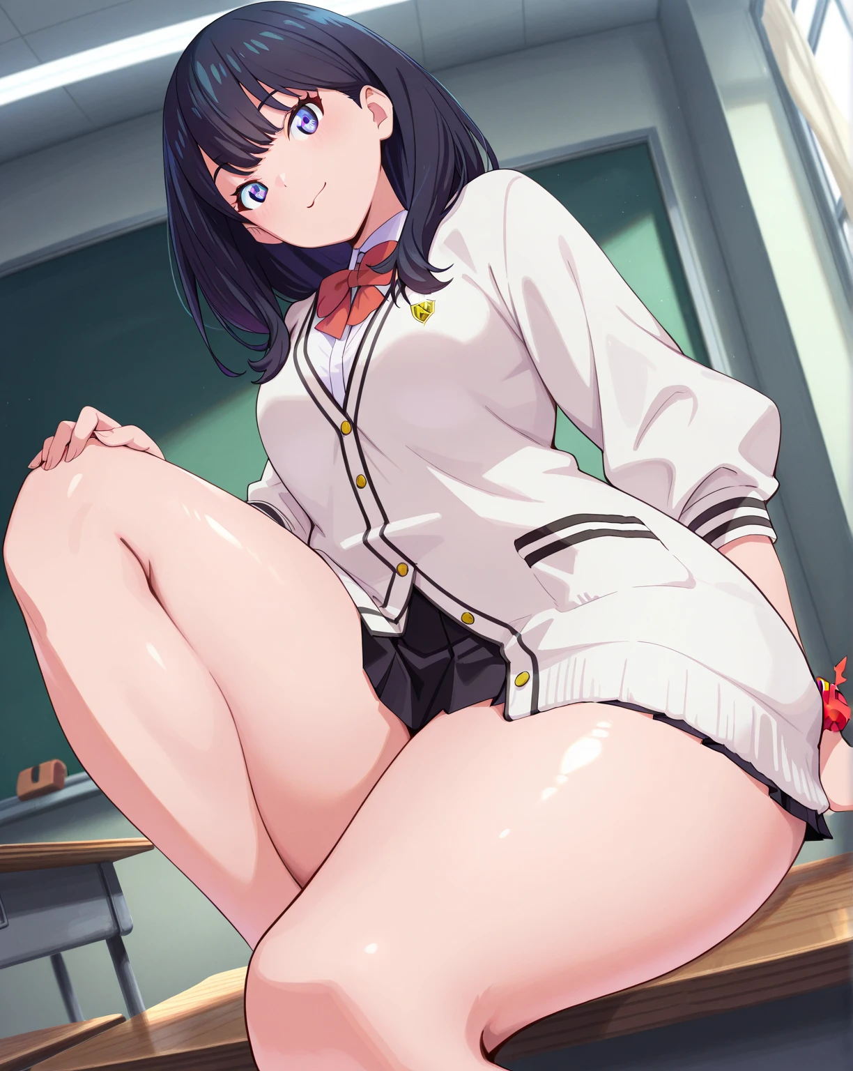 masterpiece, highest quality, High resolution, Venus 1, 1 girl, masterpiece, highest quality, High resolution, 1 girl, It&#39;s a good body, rikka takarada, black hair, blue eyes, long hair, orange scrunchie, black footwear, black skirt, button, cardigan, collared shirt, long sleeve, microskirt, pleated skirt, r, shirt, shoes, skirt, thighs, (white cardigan:1.5), white shirt, Bedroom, On the bed, bed, bed, bedroom, spread your legs, panty shot, wedgie in underwear, (from below:1.5), Panty shot, realistic skin, shiny skin, shiny skin, sweaty feet, Skirt raised, (white panties:1.5), highly detailed face, perfect sentence, Detailed CG, (perfect hands, perfect anatomy), (embarrassed look:1.5),