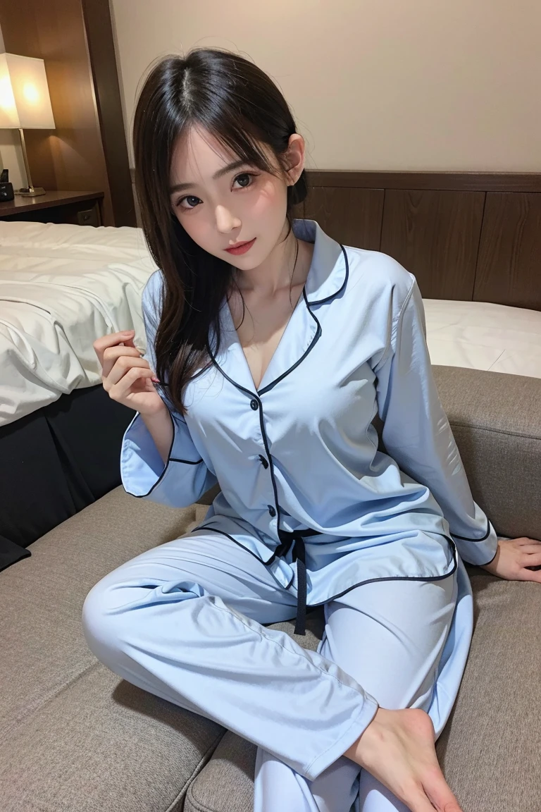((top-quality、8k、​masterpiece:1.3))、Beautiful woman with perfect body:1.4、slim abdomen:1.2、Longhair, normal breast, Highly detailed facial and skin texture, A detailed eye, delicate eyes, (smile), (full body shot), ((bedroom)), (sitting kneeling on bed), (((wearing blue pajamas))), looking in front