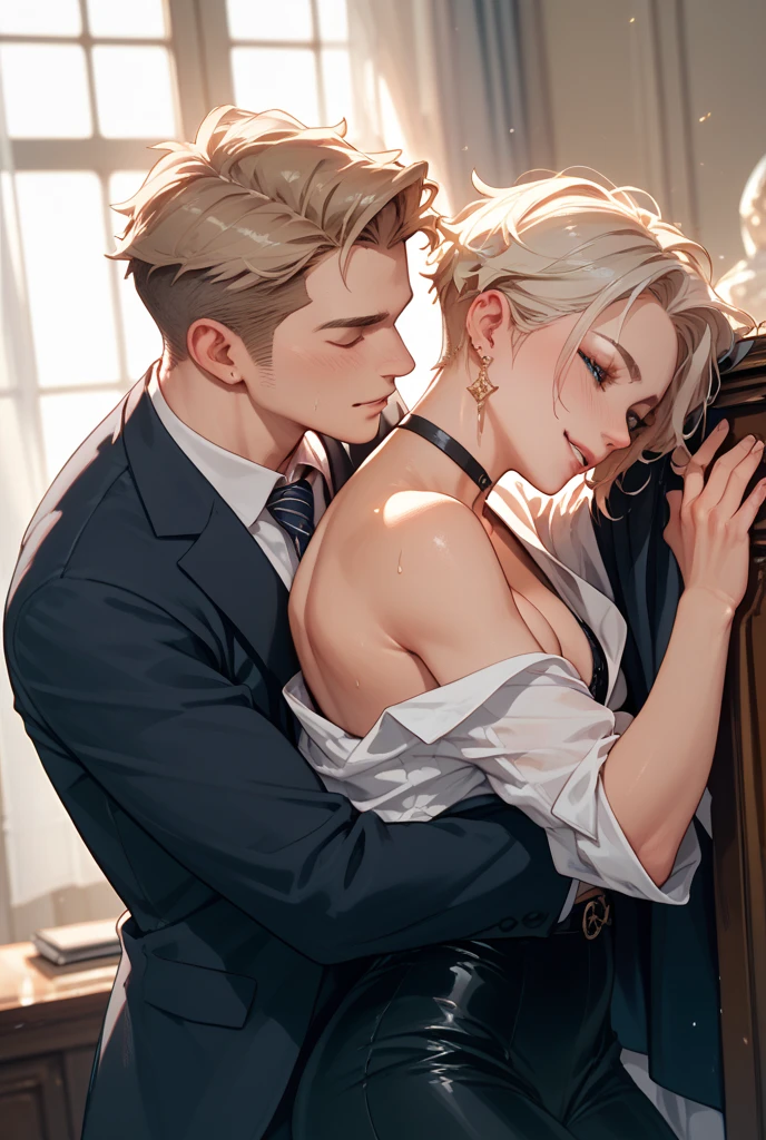 girl, sweat, steam, medium breast, shy, detailed hand, shy, light smile, looking at viewer,top-quality masterpiece Male and female couples Girl sitting on a chair wearing a tight skirt over a blouse。Boys hugging each other from behind。Boys wearing high school long pants uniforms with mash cut hairstyles。Without glasses、Revenge relationship