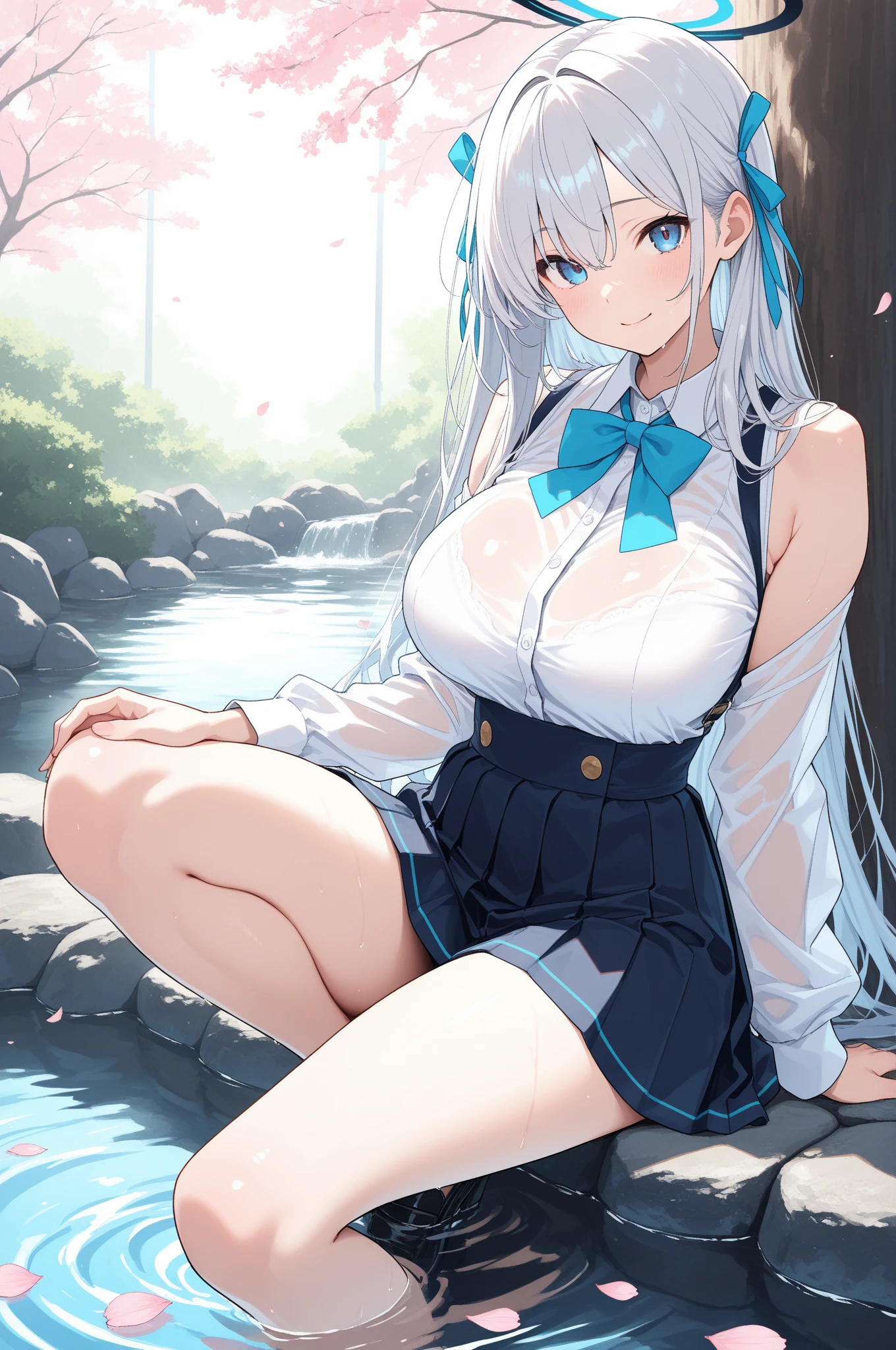 (((masterpiece))), ShizukaMikazuki, One Girl, alone, View your audience, Long Hair, Gray Hair, Long sleeve, Cleavage, Quite large breasts, Close your mouth, clavicle, Mature Body,Abdominal muscles,Blushing,Blouson, Open clothes, open Blouson, blue Blouson,White shirt with an open chest,Black hot pants, Play sports often, Bicycle in the background,blue eyes,natural Park,Shooting from an angle