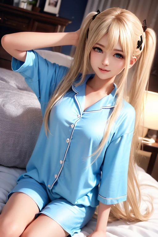 (masterpiece：1.3），（8k，Photorealistic、Raw photo、Best image quality：1.4），（Random Hairstyles：1.2）、Super detailed face、Attention to detail、double eyelid、Put your chest together、Beautiful woman：1.4、Blonde、Blue Eyes、highest quality)、(Pajamas) 、(looking at the camera、So that the background looks better、、(Blonde、Twin tails)、(Lying on your back on the bed、Full body、Head to Toe)