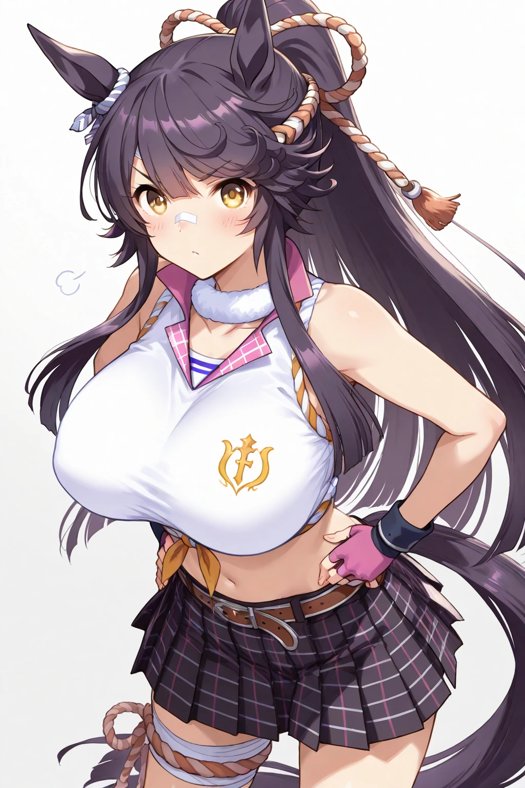 ((the best image quality、the best、1 girl、draw in detail))、
((black hair、twin tails、twin tails袖、yellow ribbon、long hair、straight hair、mix golden hair:1.5))、((yellow eyes、active look、big breasts))、((blush:1.3、thick lips:1.3、pink lips、Pink Makeup、blush:1.3、smile with your mouth closed、Licking the upper lip、stick out tongue、tongue、lewd look))、((Show off your nails、Pink nails、accurate hand depiction))
((gal、cleavage、jewelry、cleavage、earrings、open clothes、tide shirt、shirt with tent、unbuttoned shirt、shirt knot、black stockings、See-through、pleated skirt))、((school clothes、uniform、sailor suit、belly button、very short mini skirt、miniskirt showing panties)、Are standing、((School、classroom))、(((Place your hand between your crotches、hold your chest、Hide your bodypause、Put your hands on your chest)))、Focus on the face