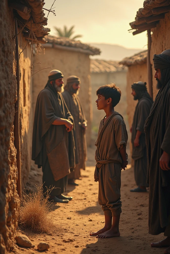 Biblical image of the widow&#39;s 2 sons asking their neighbors in the village for vessels, realistic 8k cinematic 