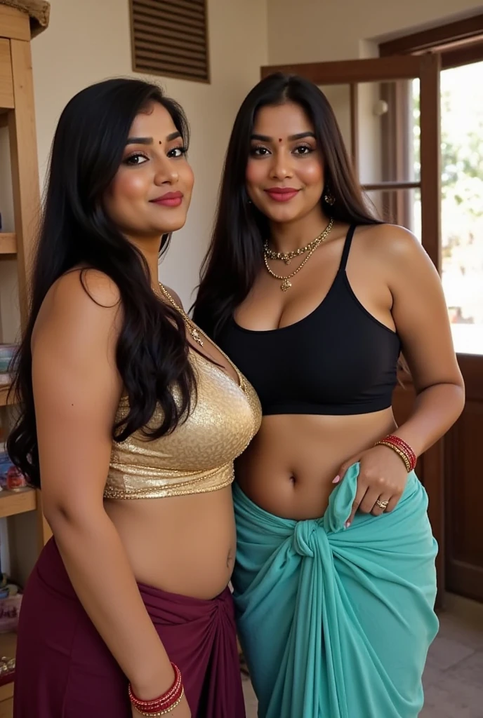 Two beautiful indian chubby womens in half cup blouse & saree huge sexy look sexy mood loving each other on bed