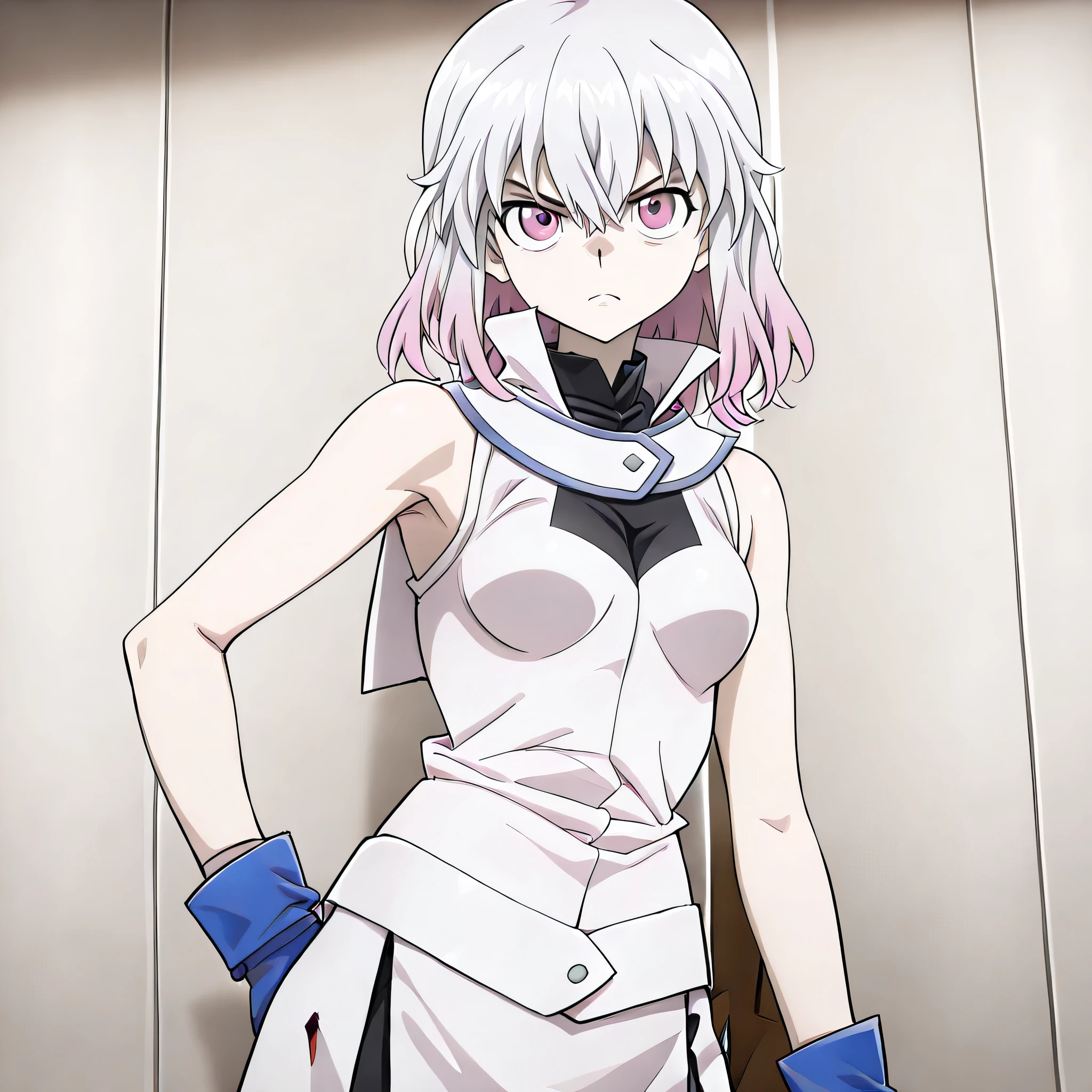 (((Masterpiece))), (((Best Quality))), ((Super Detail)), ultra-High resolution, score_9,score_8_up,score_7_up,score_6_up,score_5_up,score_4_up, BREAK, source_anime, anime screencap, uncensored, rating_explicit, Masterpiece, (absurdres), (detailed background), (very aesthetic), detailed beautiful eyes, outstanding, an exquisite animation illustration, curvy, highres, dark persona, Society of light, sleeveless, white shirt, white skirt, blue gloves, duel academy uniform (yu-gi-oh! gx), , (((solo, 1girl))), hair ornament, submissive pose,  pose, anime style, anime coloring, animification, megami magazine,  pose, , small , kurabe kikka, white hair, pink hair, multicolored hair, medium hair, pink eyes, holding a black card, looking at viewer, serious, angry, (purple particle:1.3), dynamic pose, 