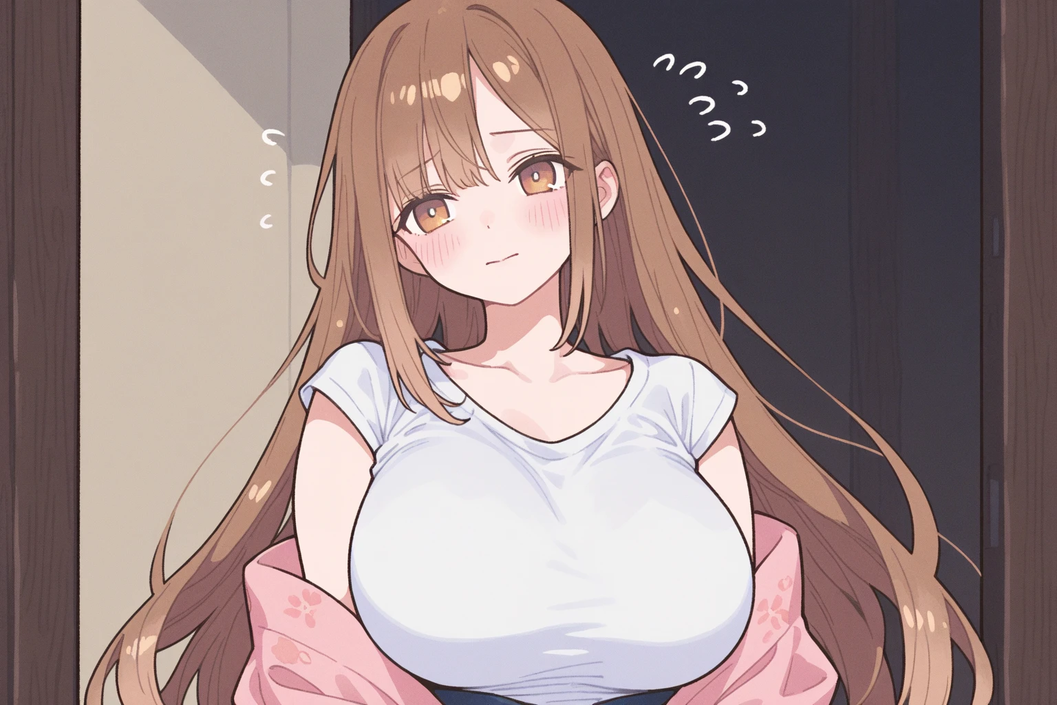 Brown Hair,Long Hair,Red eyes, Wolf Girl,Wolf Ears,Wolf's tail、Huge breasts、T-shirt maxi dress、Troubled face