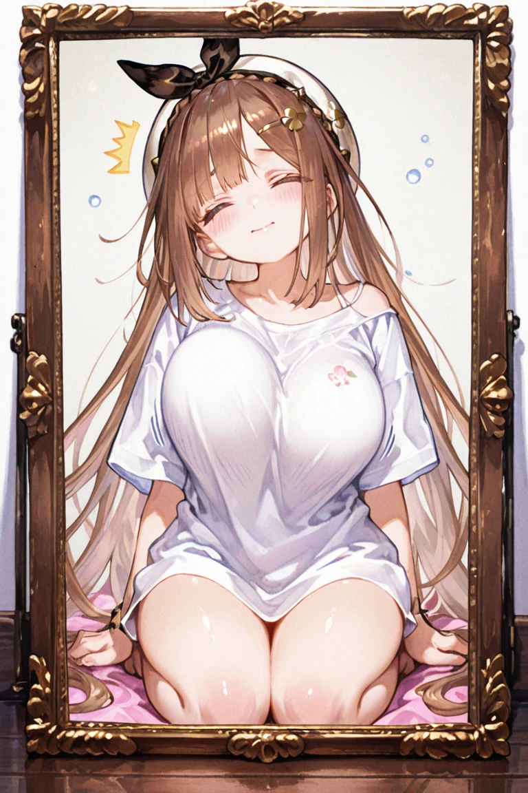 light brown hair, ahoge, braided bangs, single braid, long hair, brown eyes .(nude, naked, 1girl, solo, ,large breasts , solo) ,,, nipple ,, (wearing nothing:1.5), empty eyes , ,, ,　, hospital, ,blue sky, cooking, sea　space