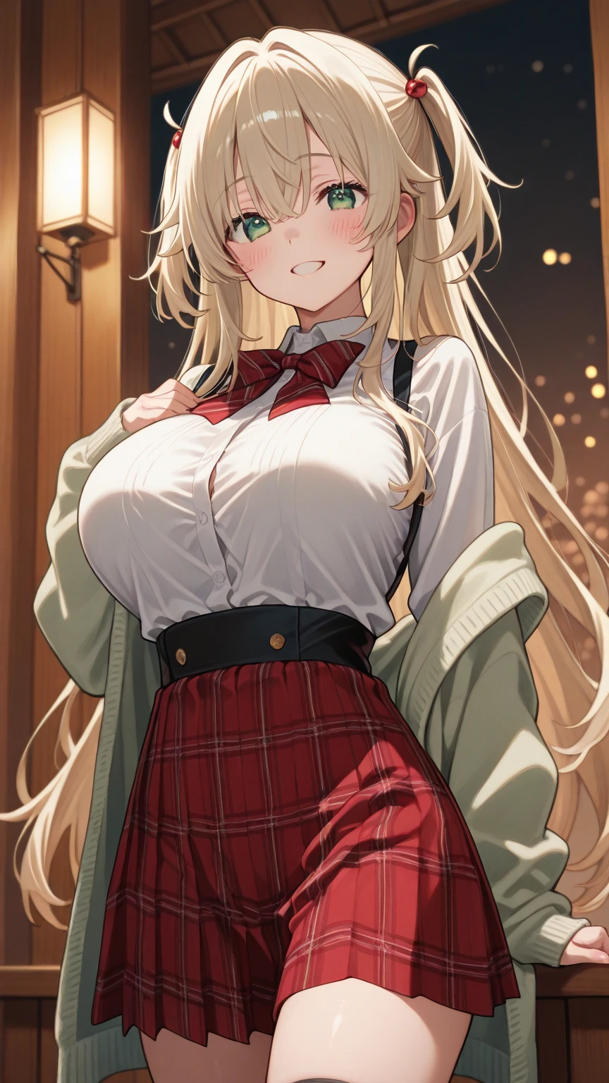 1girl, solo, long hair, glasses, blonde hair, (((giant breasts: 1.3))), twin tails, (thighs: 1.2), heavy blush, (thick thighs: 1.3), heavy blush, wide hips, choker, heavy blush, (happy: 1.3), simple background, shiny skin, wet skin, inside, from below, facing the viewer, (cleavage), (????), (lascivious), best quality, smiling, white dress, plaid dress, open mouth, fang, short skirt, leaning forward,