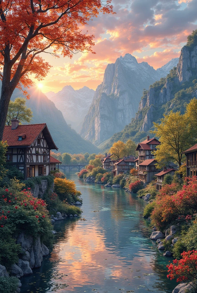 a small village by the river, mountains in the background, floral flowers colorful, detailed landscape, Beautiful natural landscapes, atmospheric lighting, scorching sunset, warm colours, practical, photopractical, Detailed Foliage, complex buildings, cobblestone street, Charming country house, swirly vibrant colors, lush vegetation, Still water reflections, Picturesque, idyllic, work of art, best qualityer, 8k, extremely detaild,anime styling