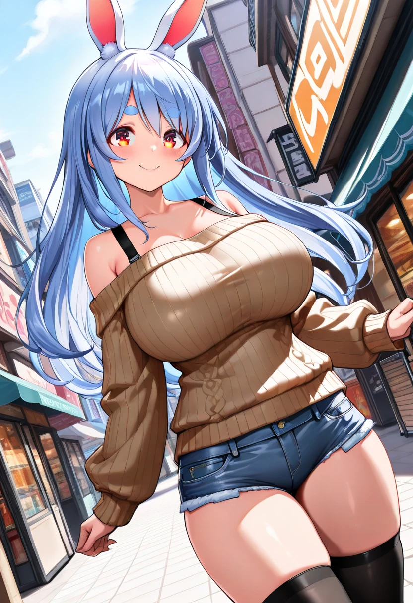 1girl, blue hair, long hair, thick thighs, thin waist, wide hips, curvy figure, huge breasts, white bikini, bare arms, ( denim shorts), full body, bare legs, white high heels, standing, (cowboy shot),(masterpiece, high quality, best quality), (colorful),(delicate eyes and face), volumatic light, ray tracing, extremely detailed CG unity 8k wallpaper,solo, outdoors,cityscape, <lora:Bikini+Overalls:0.85>, <lora:weight_slider_v2:0.6>